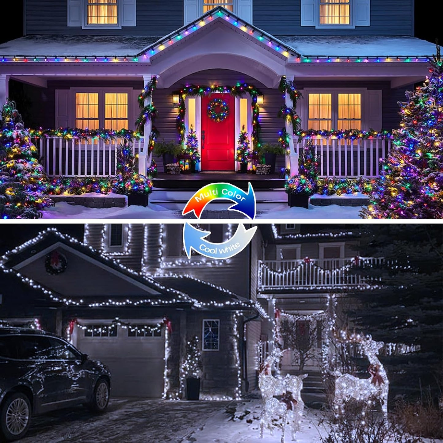 (Cool White ⇋ Multicolor) Solar Christmas String Lights Outdoor, 2-Pack 80FT 200 LED Waterproof Silver Wire, Solar Twinkle Lights with 8 Modes Solar Fairy Light for Tree Garden Wedding Christmas Decor