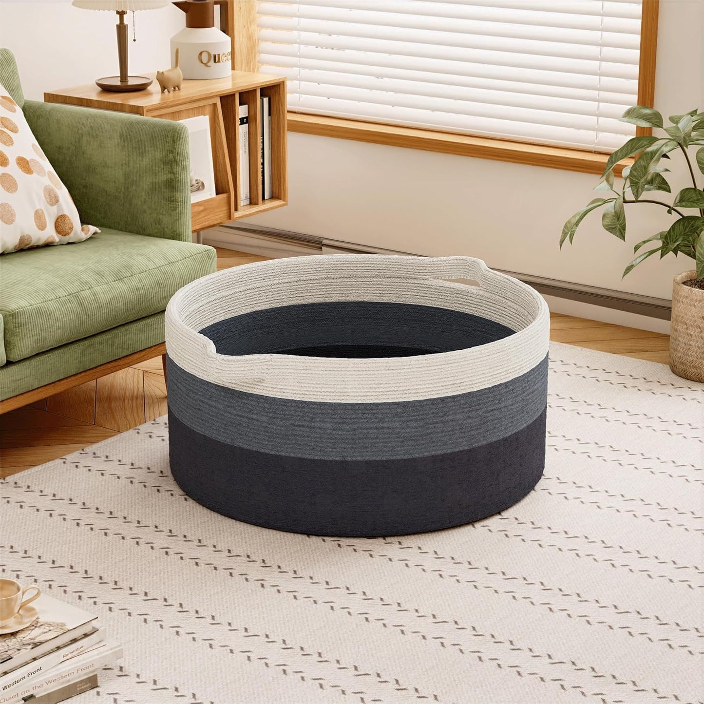 125L Extra Large Blanket Basket, 25" x 16", Jumbo Laundry Woven Baskets Decorative Home, Cotton Rope Basket with Handles, Baby Toy Baskets for Storage, Gradual Blue, 2PC