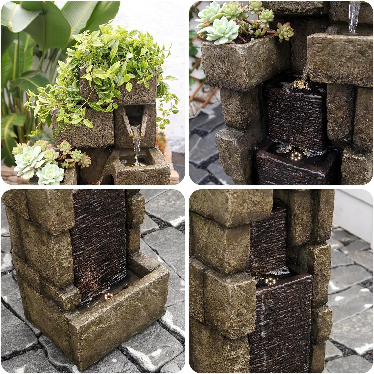 YZM 42.72" H Modern Stacking Bricks Water Fountain Outdoor Cascading Waterfall Fountains with Led Lights for Gardens Landscaping Patios Balconies and Lawns Decor for Outside