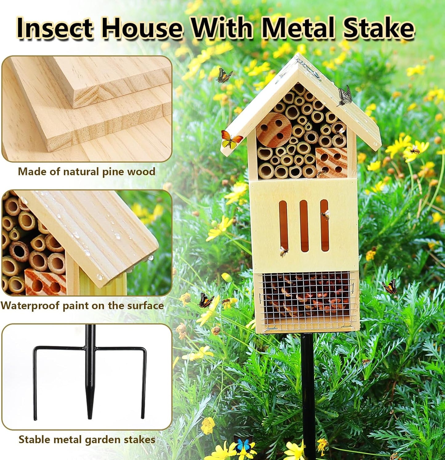 Wooden Insect House, Bee House with Metal Stake for Gardens, Insect Hotel & Butterfly Hotel on The Ground or Hanging on Tree Wall, Natural Insect Habitat for Bee, Butterfly, Ladybirds, Bugs