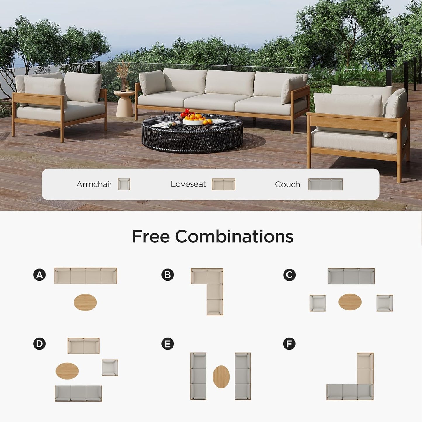 Acanva Modern Outdoor Patio Furniture Set, All-Weather Aluminium Conversation Sectional Sofa with Thick Cushions for Backyard, Garden, Porch, Armchair, Beige