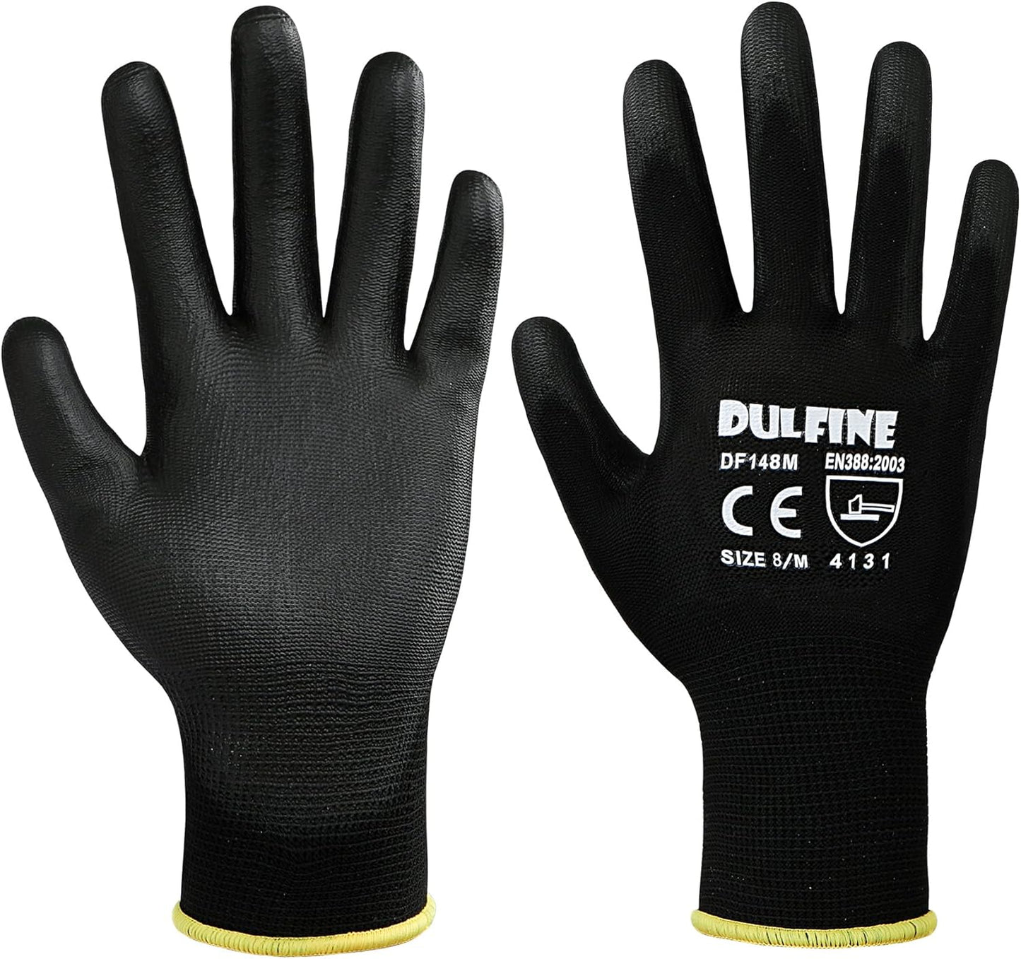DULFINE Ultra-Thin PU Coated Work Gloves-12 Pairs,Excellent Grip,Nylon Shell Black Polyurethane Coated Safety Work Gloves, Knit Wrist Cuff,Ideal for Light Duty Work. (Medium)