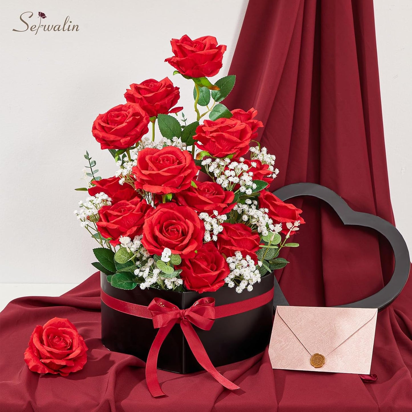 Serwalin 20Pcs Artificial Bright Red Roses, 4''Big Velvet Flower Head Fake Roses, Real Touch Silk Roses, Long Stems Realistic Roses Bouquet for Wedding Table Centerpiece and Home Decor