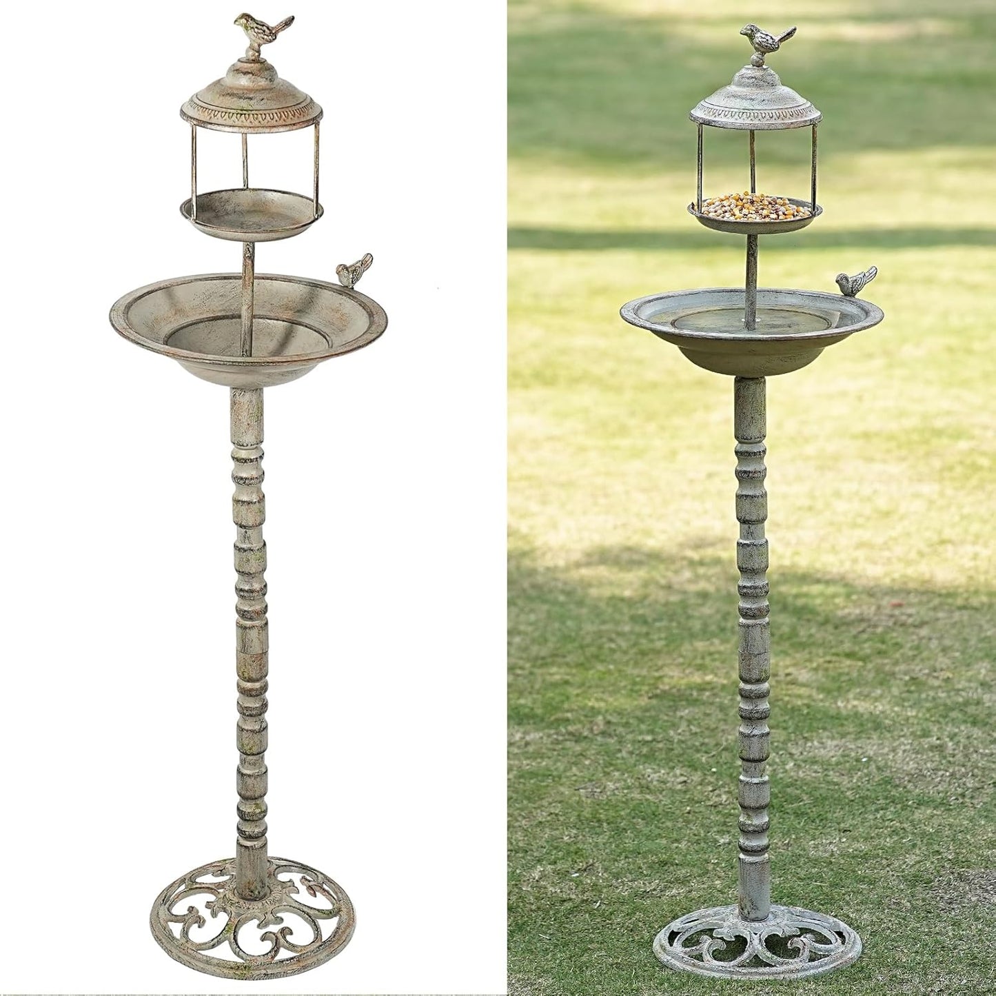 44.5" H Outdoor Metal Bird Bath Combo, Metal Bird Bath Bowl and Bird Feeder 2 in 1 Garden Yard Decoration
