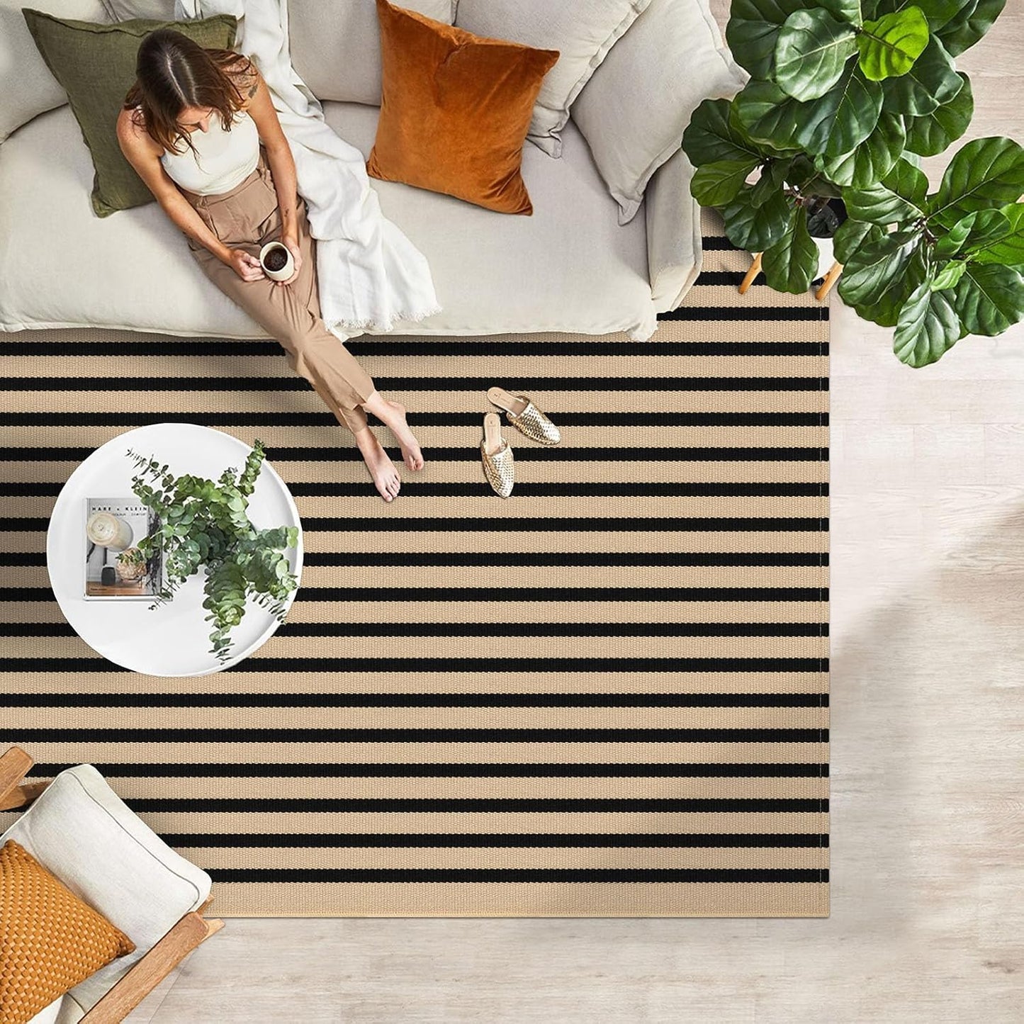 IOHOUZE Striped Area Rug 4'x6' Front Door Rugs Washable Area Rug for Double Front Porch, Large Patio Rug Outdoor Indoor, Doormat for Entryway Porch Entrance, Tan/Black