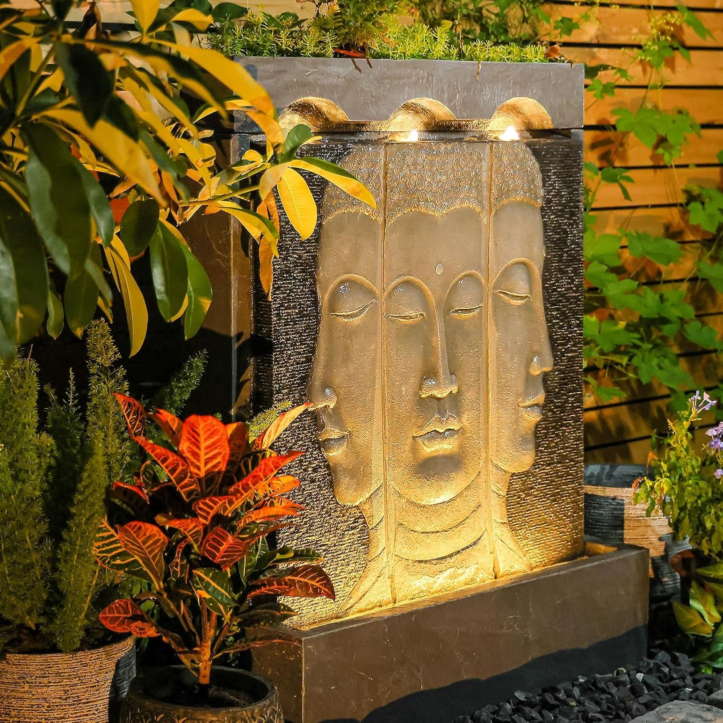 Zen Buddha Wall Fountain - Large Indoor Outdoor Waterfall Water Fountains with Planting Groove, Quiet Meditation Water Feature for Garden Patio Backyard Deck Lawn, 45 inches Tall, Gray