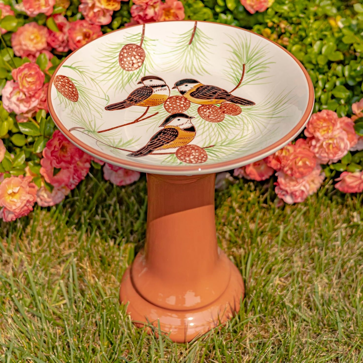 Zaer Ltd. Porcelain Birdbath with Hand Painted Details (15" Tall, Finch Birds & Pine Tree)
