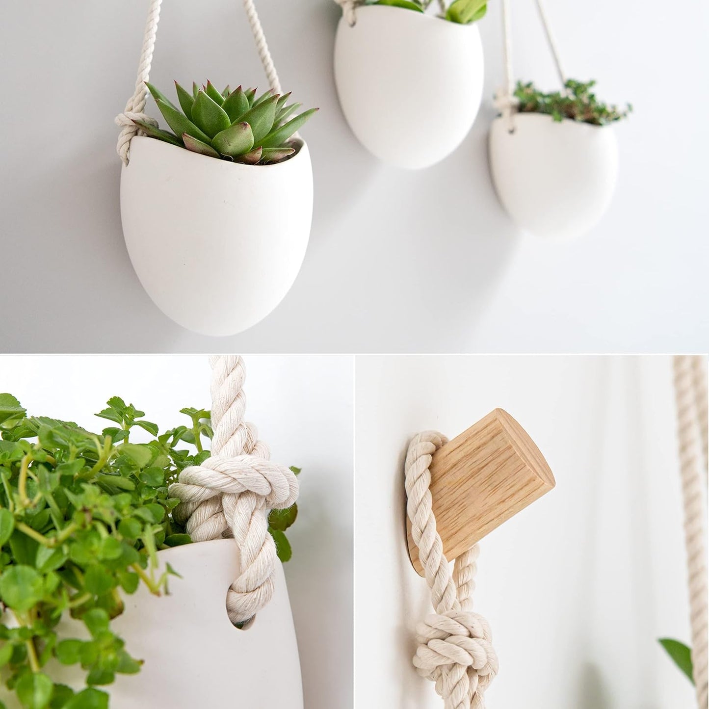 Kazai.® | Porcelain Wall Vases | 3 Piece Set | Including Wooden Hooks | Matte White