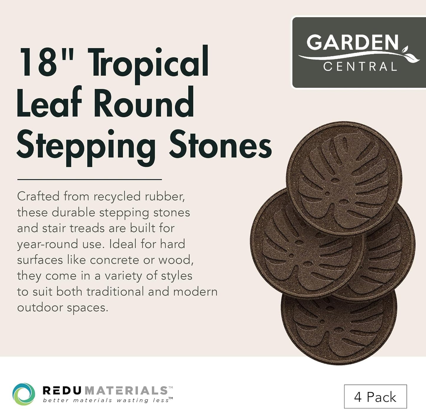 Garden Central 4-Pack 18”x18” Fake Tropical Leaf Rubber Stepping Stones, Round, Brown – Reversible Non-Slip Outdoor Faux Decorative Set for Landscaping – DIY Decor for Walkways & Yard Pathways