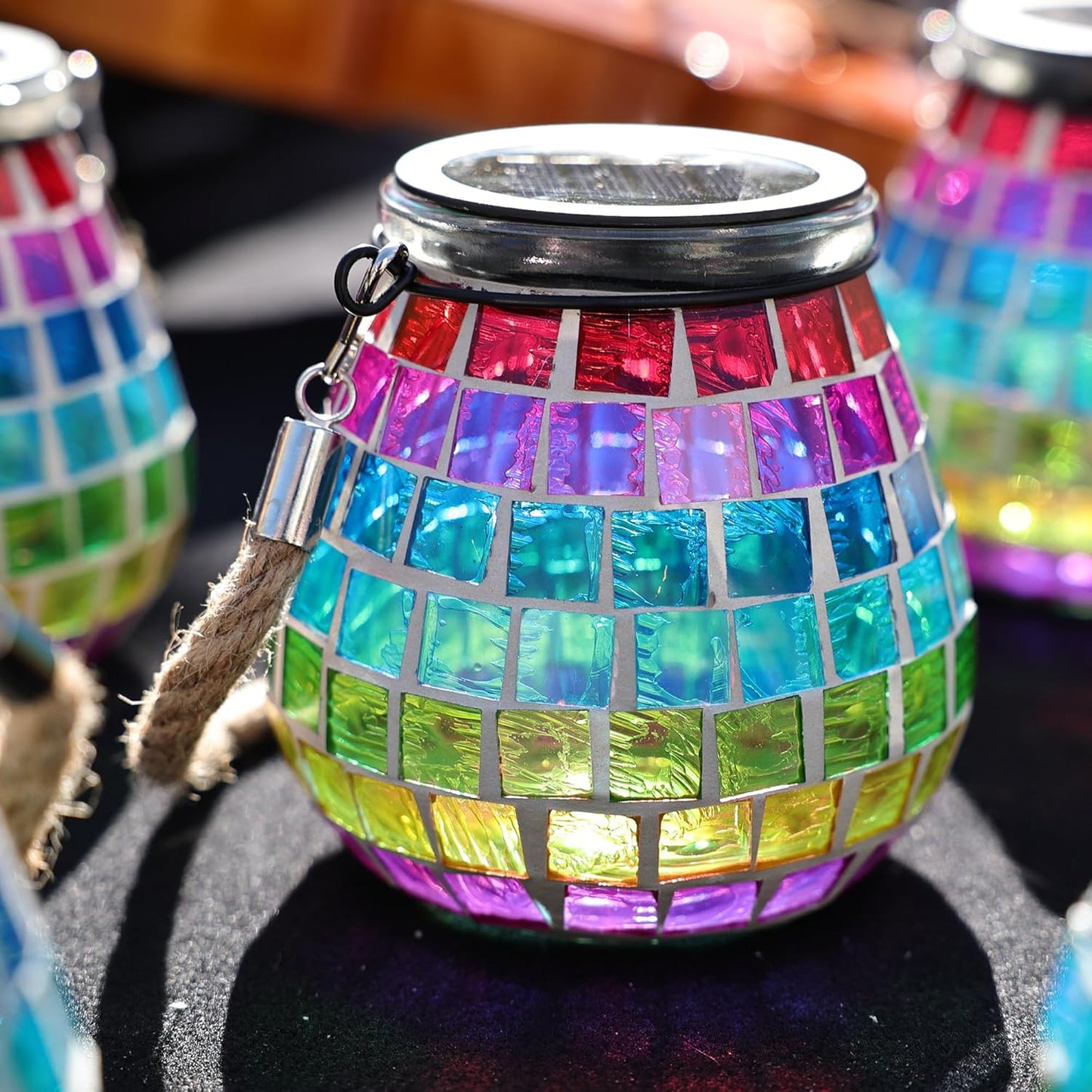 Cooo 2 Pack Mosaic Solar Lantern Outdoor Waterproof IP68 Hanging Projection Light Hidden Lid Pear-Shaped Lantern with Rope Handle Solar Powered Auto On for Patio Garden Fence Table - Neon Mosaic