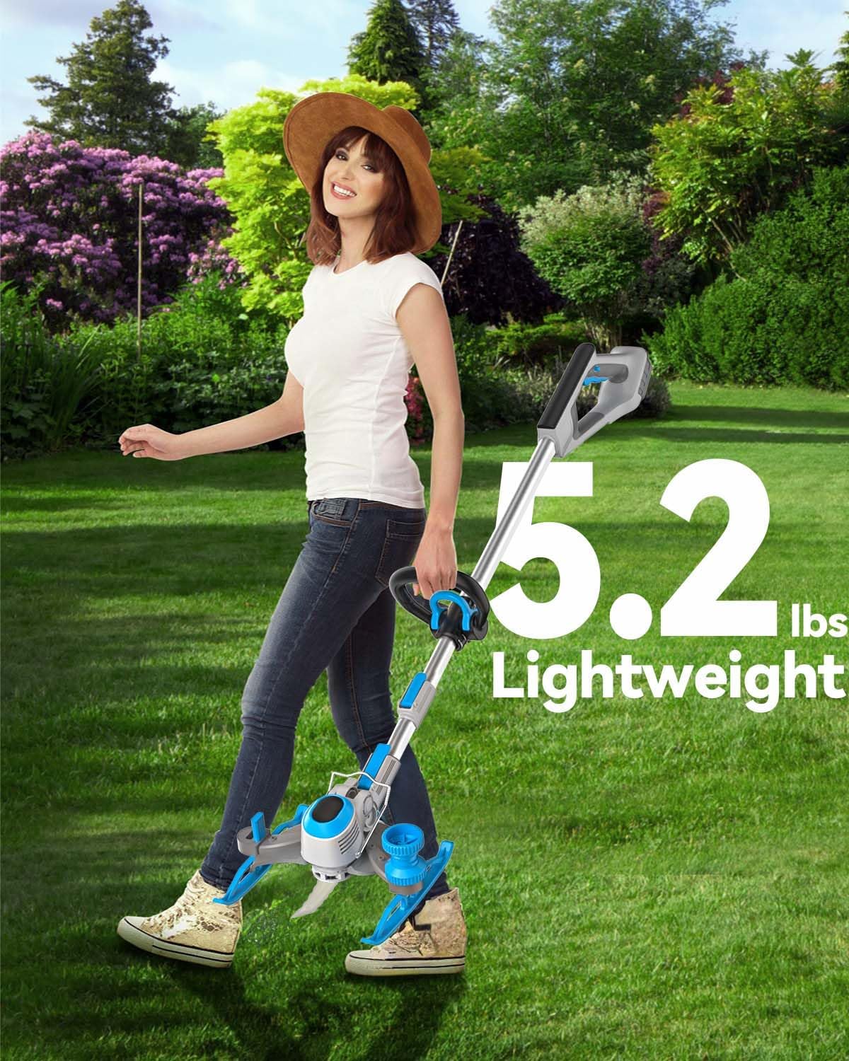 Weed Wacker Cordless, 20V MAX* Battery Powered, Runing Time 60mins, Weight only 5.2 lbs, Bladed Edger/Mower/Trimmer in 1 (with Two 2.0Ah)