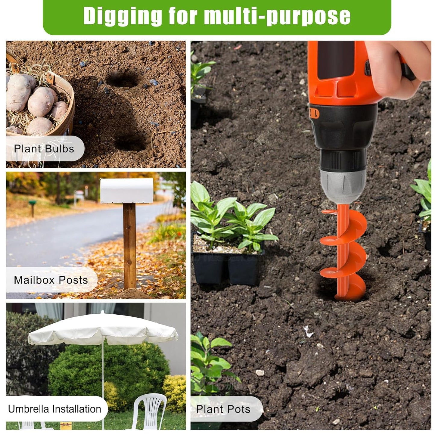 Threaded Auger Drill Bit for Post Hole Digger 4x12'', 3mm Thick Spiral Garden Earth Auger Bulb Drill Bit for Planting, Hole Digger for Fence Posts, Fits 3/8" Hex Drive Drill