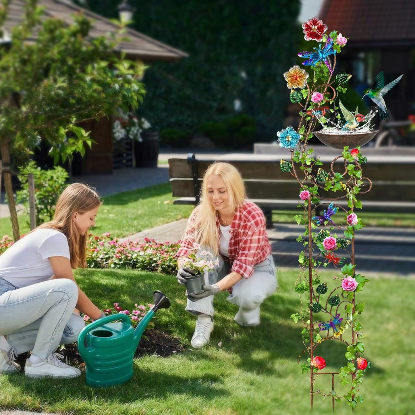 57” Bird Bath with Garden Trellis for Climbing Plants Outdoor, Small Decorative Metal Birdbath Bird Baths, Dragonfly (Dragonfly)