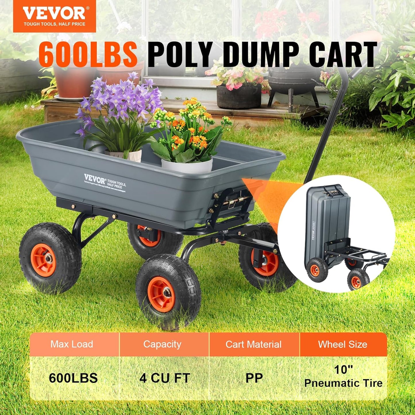VEVOR 4 Cu.Ft. 600lbs Poly Garden Cart Dump Wagon, Heavy Duty 4 Wheel Wheelbarrow Yard Cart Dump Wagon with 10in All Terrain Wheels, Steel Frame and Quick Release System