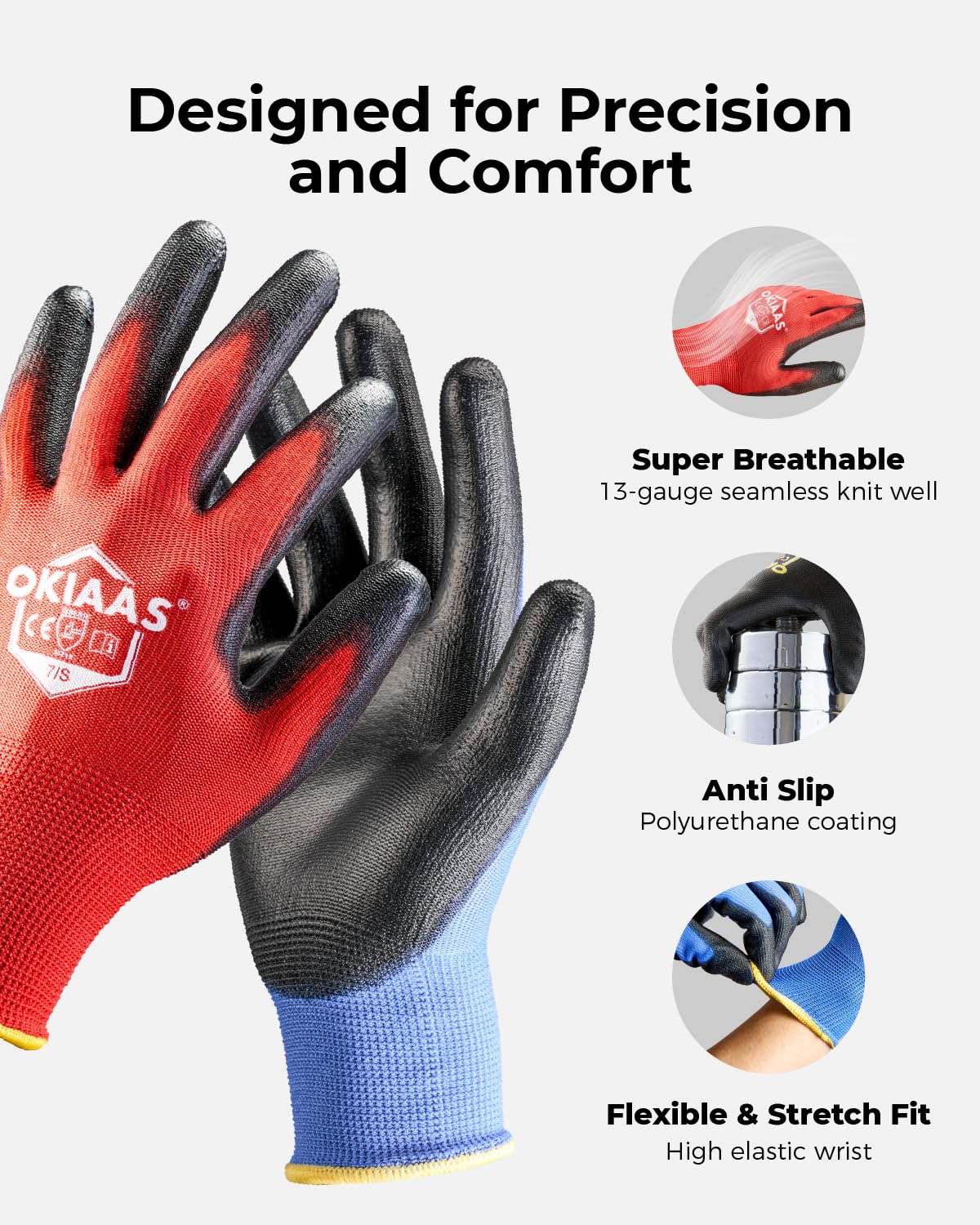OKIAAS Men's Large Red Ultra-Thin Lightweight Working Gloves with Grip, 12 Pairs Bulk Pack Construction Gloves with Polyurethane Coating, Safety Gloves for Light Duty Work