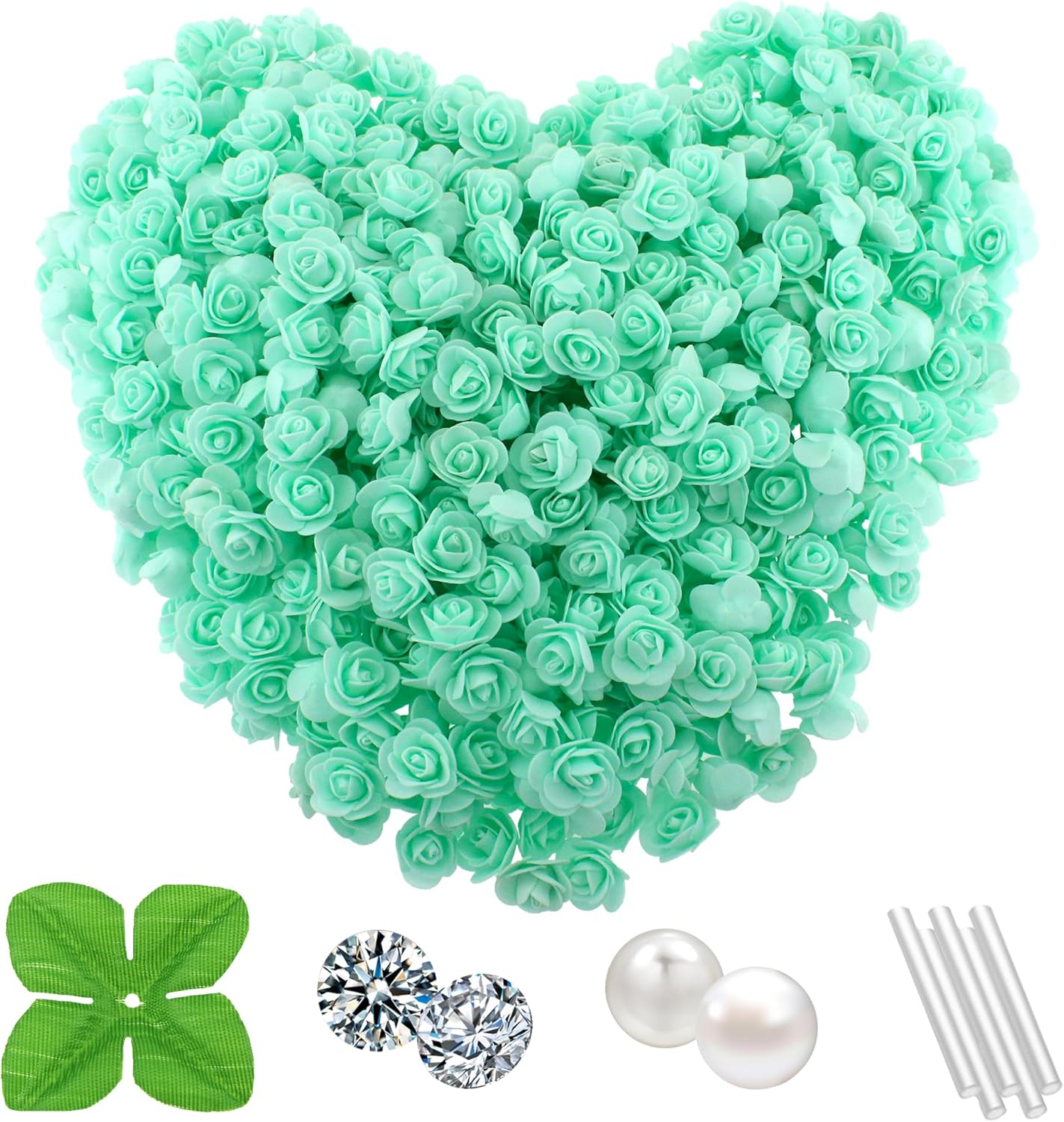 500 Pcs 1.4 Inch Mini Artificial Flowers Head Bulk 5 in 1 Set Faux Foam Fake Small Rose Tiny Baby Flores Bouquet Cake Gift Home Decoration DIY Craft (Teal Green)