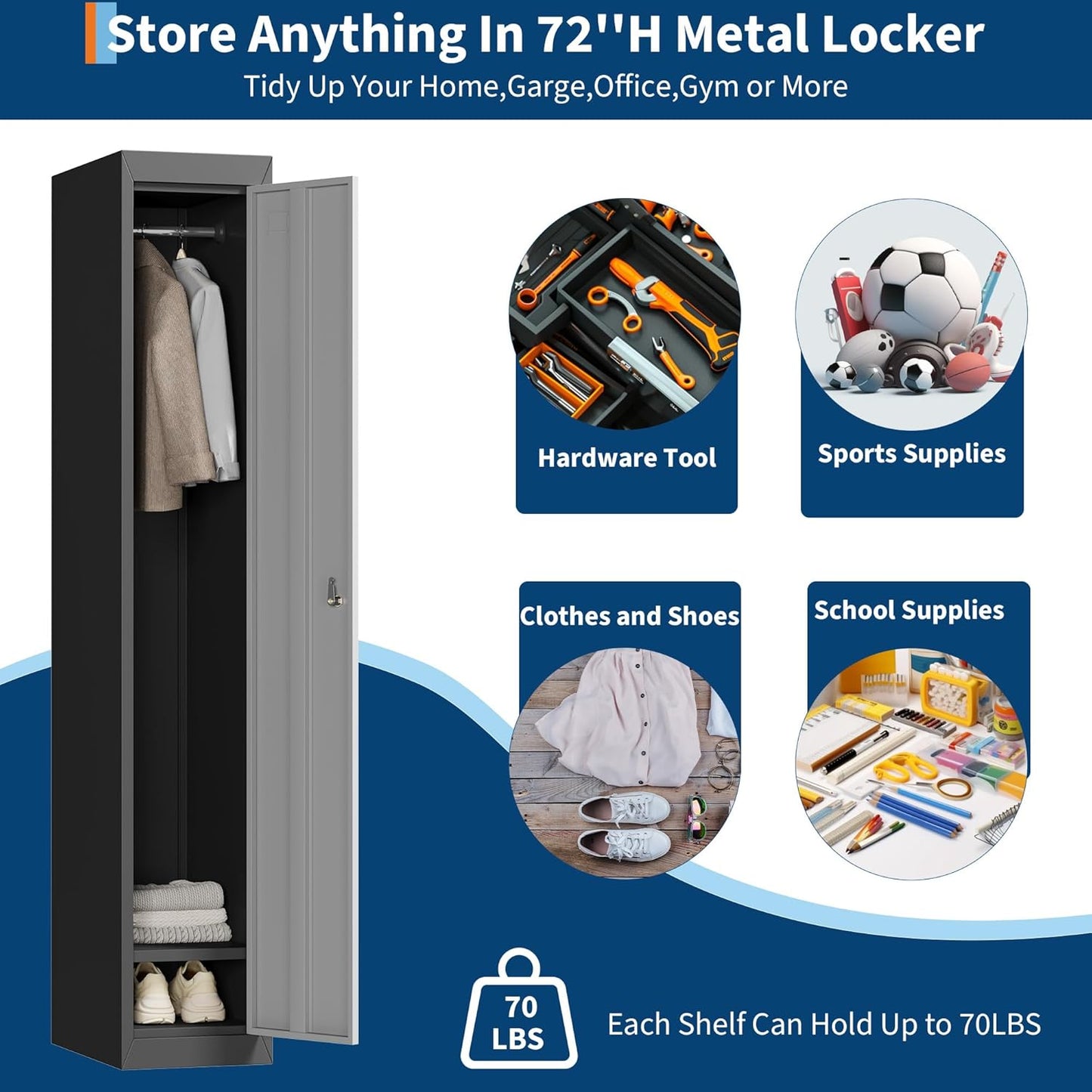 1 Door Tall Single Metal Locker, Metal Lockers for Employees with Keys, 72” Black Employee Storage Cabinet with Doors, Steel Storage Cabinets Lockable for School, Gym, Home, Office, Mudroom, Black