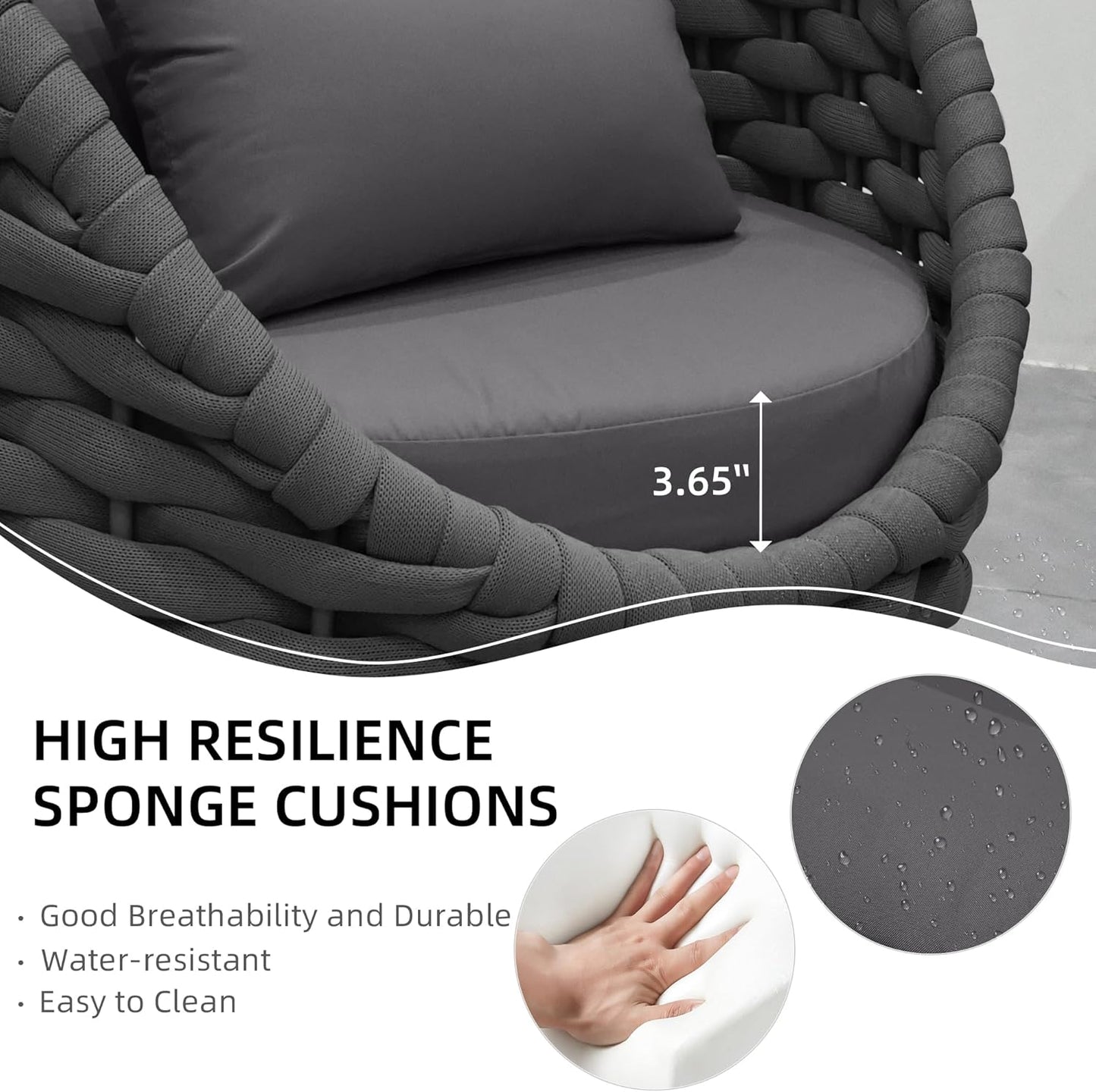 Outdoor Patio Furniture Set-5 Pieces Aluminum Sectional Sofa, Metal Patio Conversation Set with Threeseat & Armchair, Textile Rope and Coffee Table, Dark Grey