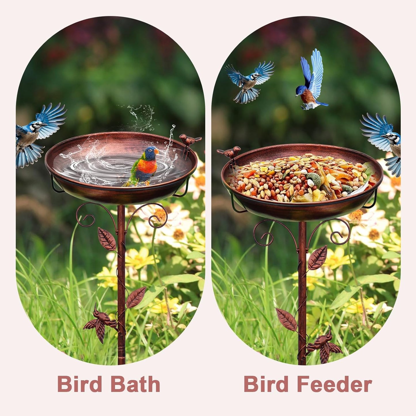Metal Bird Bath for Outside with 2 Bird Decor, Hummingbird on Pole & Sparrow on Bowl, 38.5 Inch Height Garden Birdbath, 12 Inch Antique Bronze Freestanding Birdfeeder Bath for Yard Patio