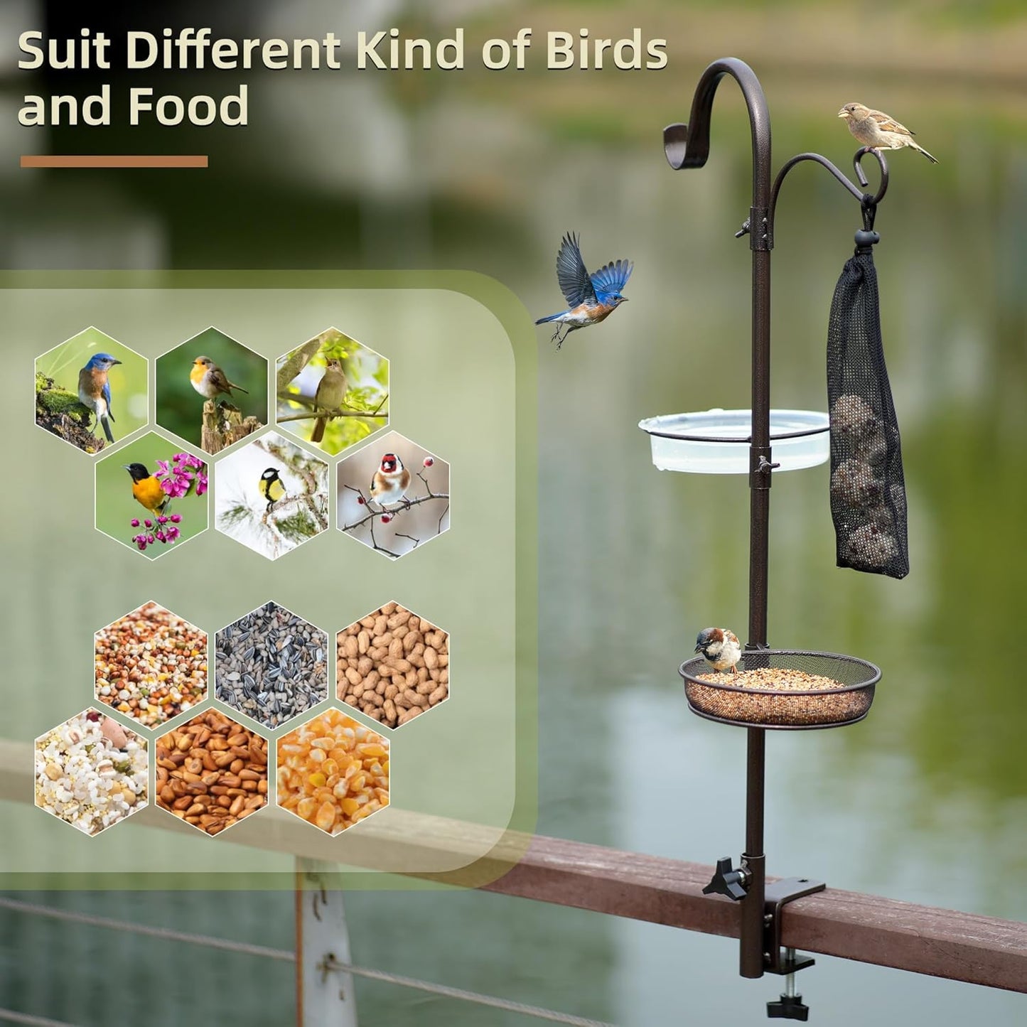 ERYTLLY Deck Hook Bird Feeder Pole Bird Feeder Porch Multi Hook Bird Feeding Station Kit Multi Feeder Hanging Kit Premium Bird Bath for Attracting Wild Birds Bird Feeder Planter Hanger