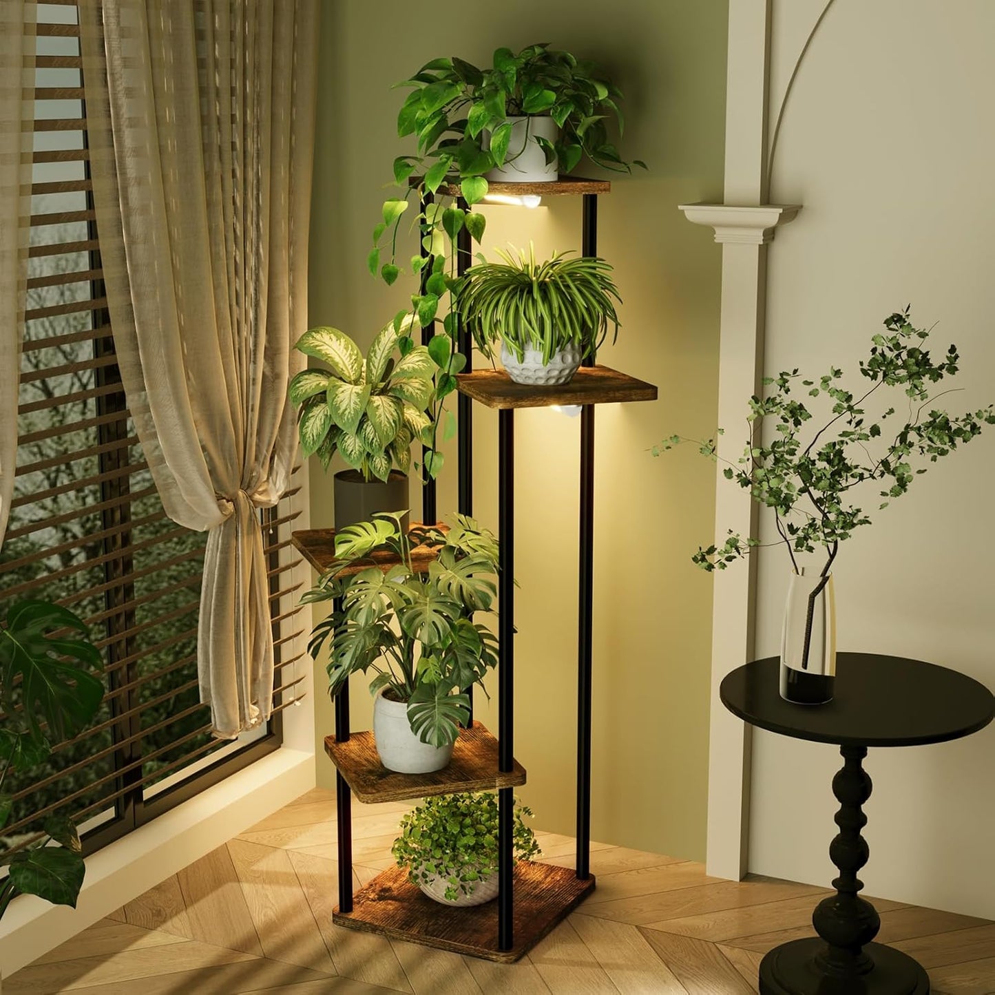 Bamworld Tall Plant Stand Indoor with Grow Light Corner Plant Stand for Indoor Plants 5 Tier Metal Wood Plant Shelf with Grow Lights for Living Room Bedroom Patio Garden Balcony Decor