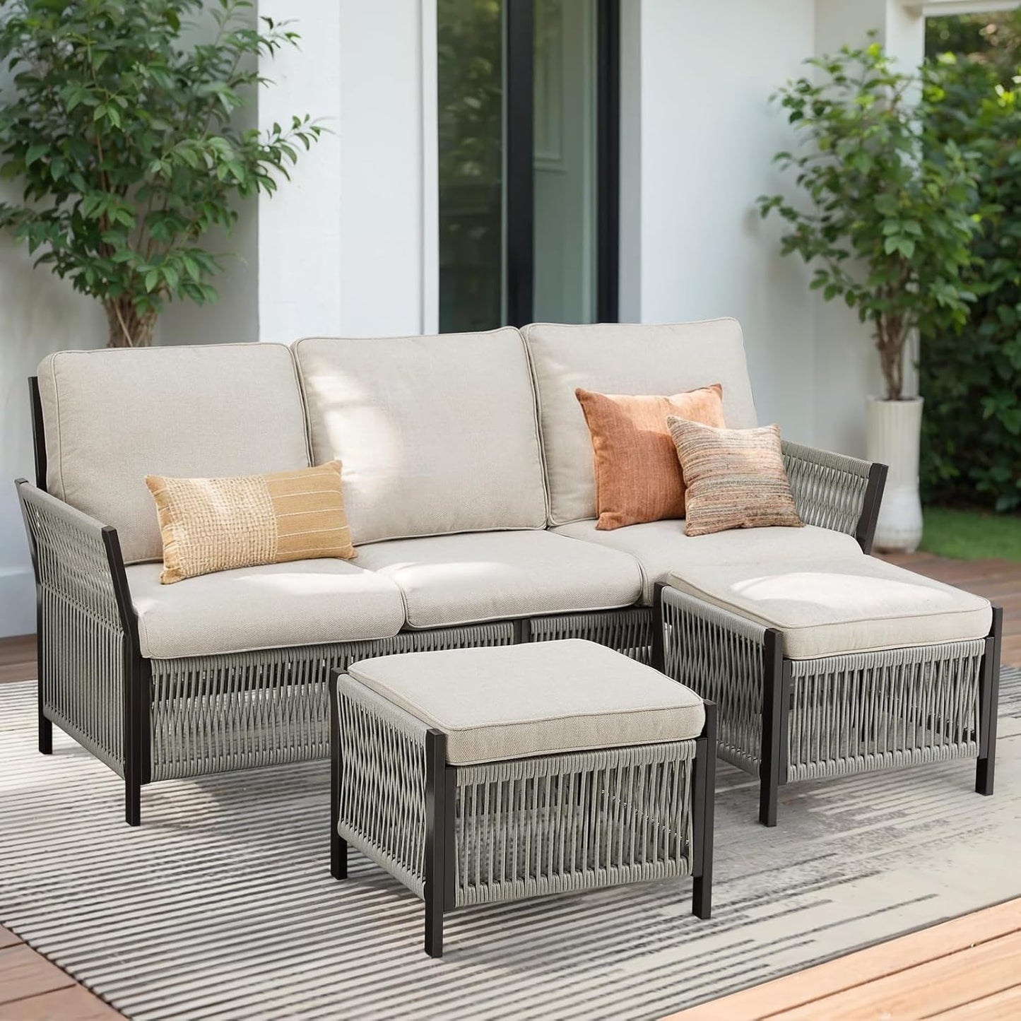 3 Pieces Patio Furniture Set, Outdoor Sectional Wicker Patio Couch with Ottoman & Washable Cushions All-Weather PE Rattan Patio 3-Seating Sofas for Garden, Porch, Backyard - Beige