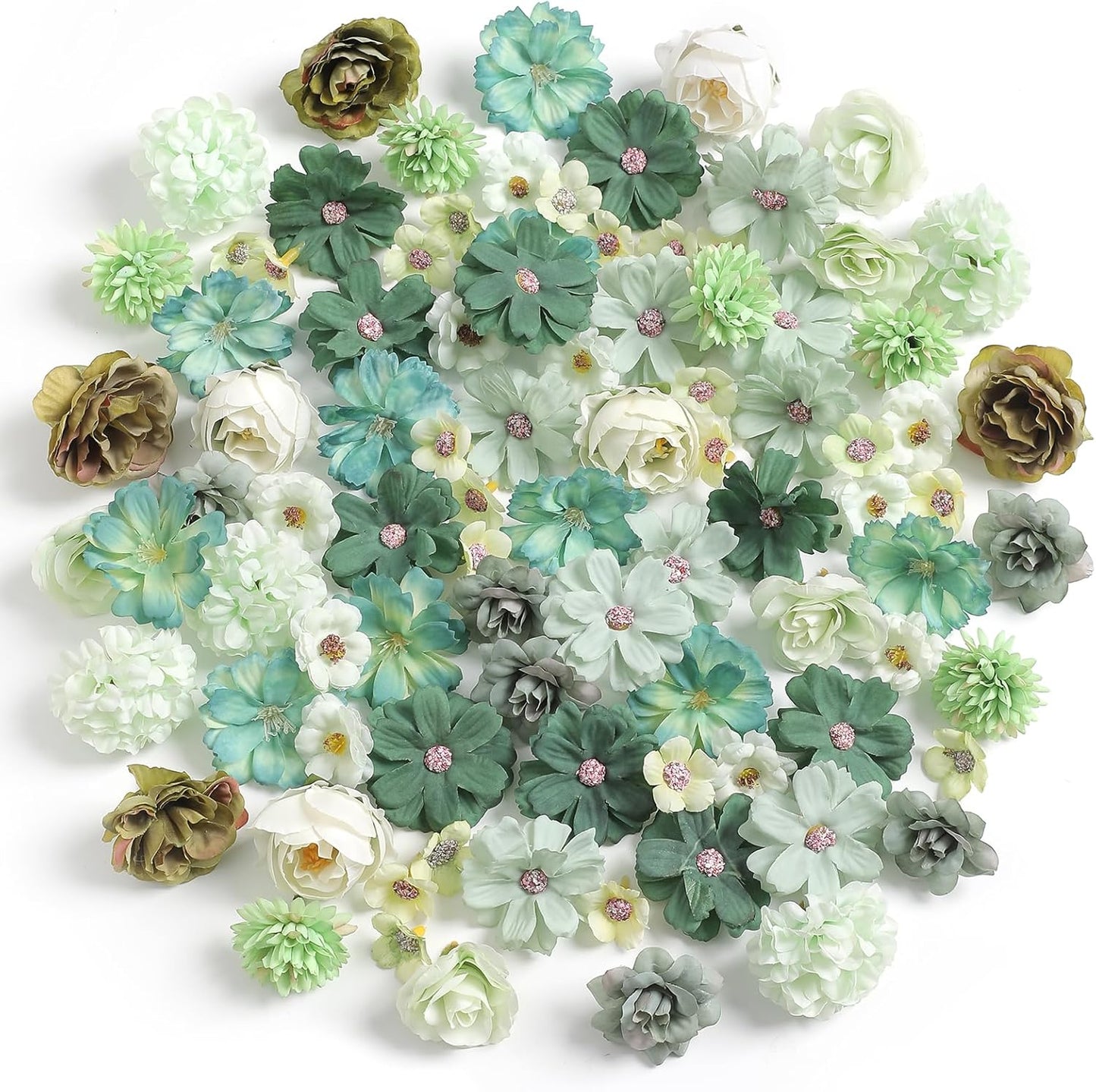 Faux Flower Heads Small Silk Artificial Flower DIY Fake Mini Flowers Rose Daisy Multicolor Flowers Craft Supplies for Wedding Party Wreath Graduation Season Party Home Decor (125, Green)