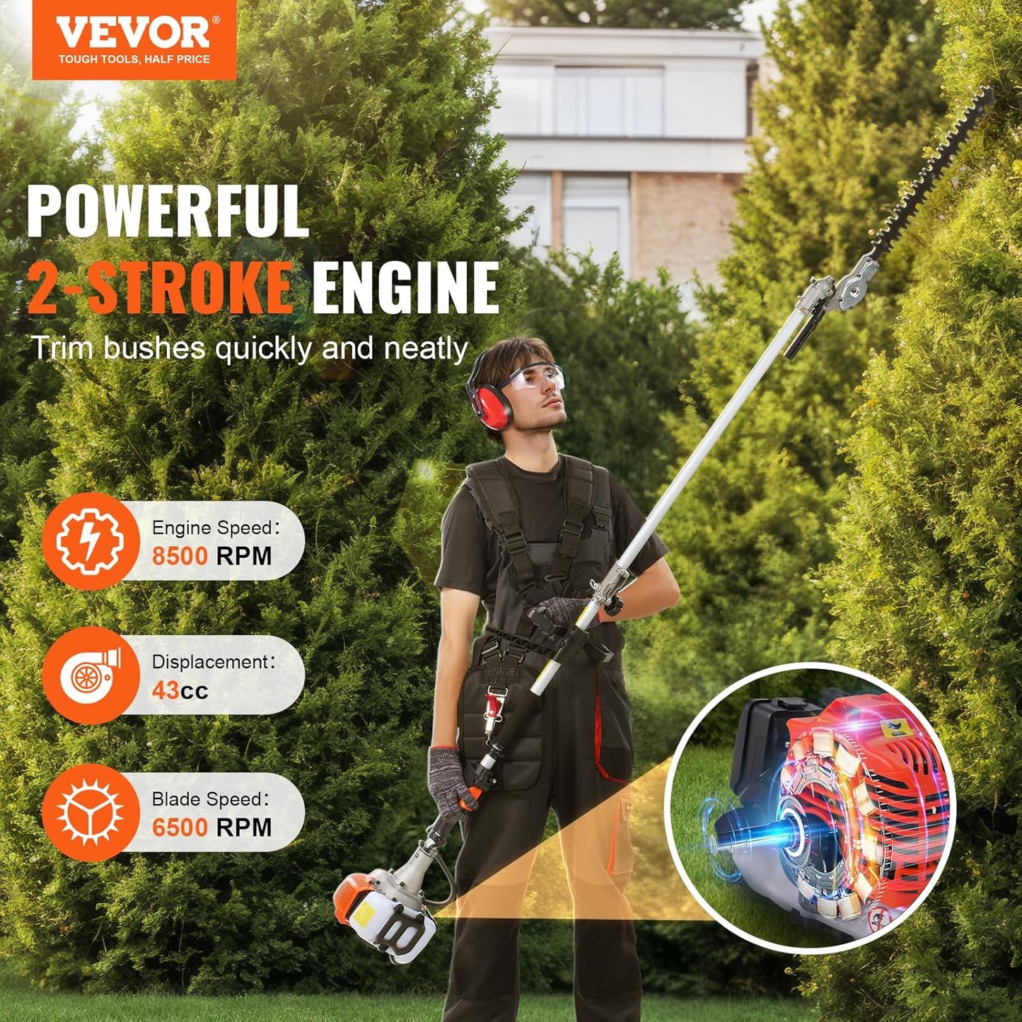 VEVOR 43cc 6-in-1 Multi-Functional Trimming Tool, Hedge Trimmer, Weed Eater, String Trimmer, Brush Cutter, Edger, Pole Saw Chainsaw Pruner with Extension Pole, w/EPA, CE and EMC Certification