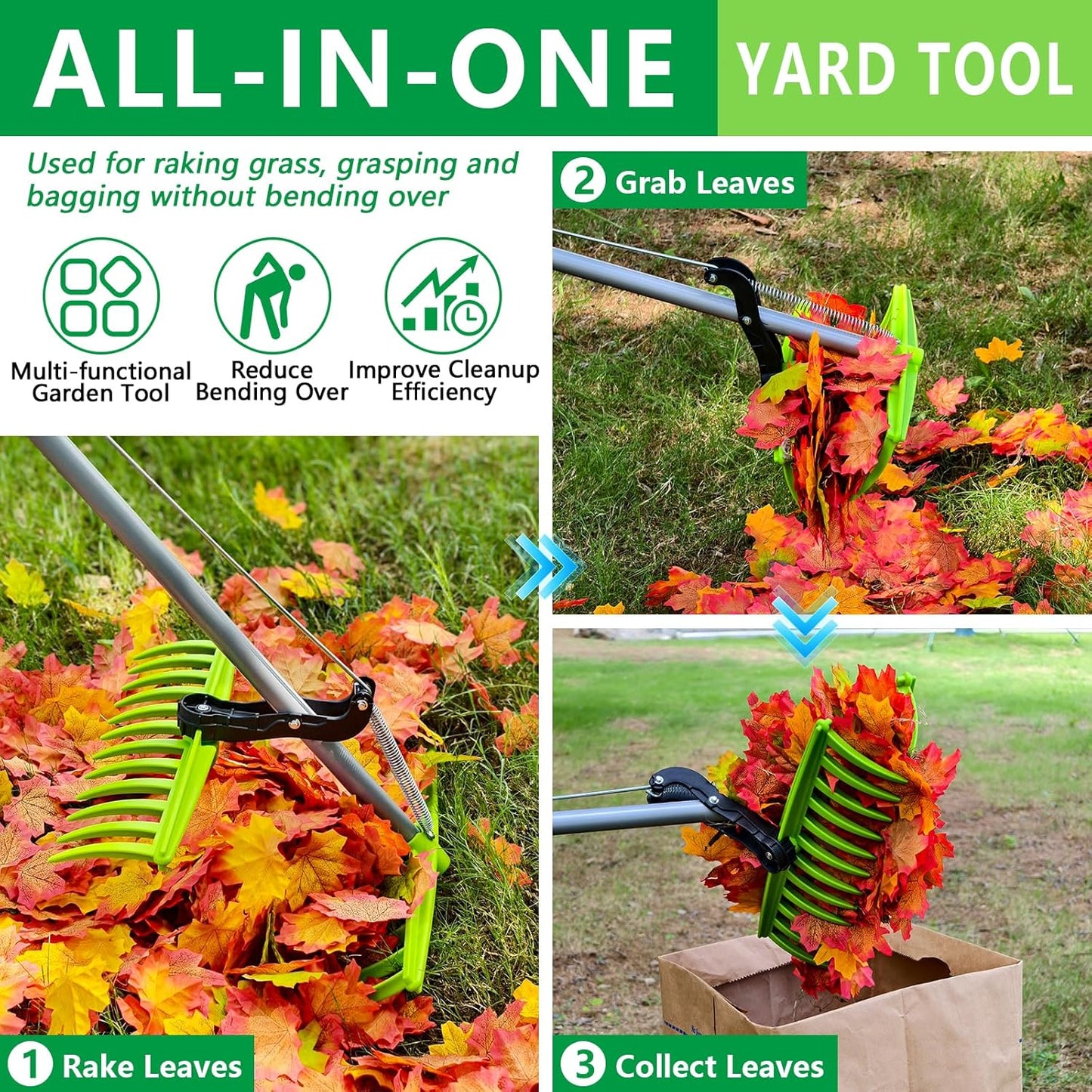 2-in-1 Leaf Grabber Rake Back Saving, Ergonomic Leaf Scoops Claws with Long Handle, Efficient Leaf Picker Upper Grabber Shovel for Yard Work Lawns Clean Up, Easy Pick Up Leaves No More Bending Over