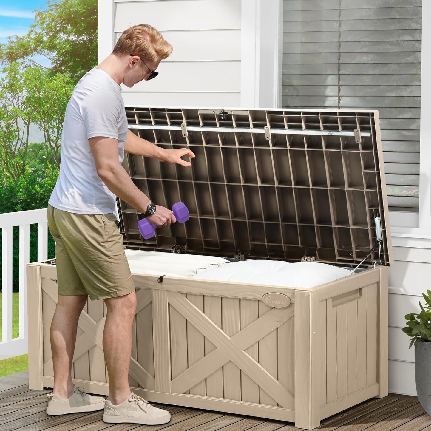 YITAHOME 120 Gallon Large Deck Box, Upgraded Resin Outdoor Storage Boxes w/Flexible Divider, Waterproof Cushion Storage Bench for Patio Furniture, Pool Supplies, Garden Tools - Lockable, Taupe