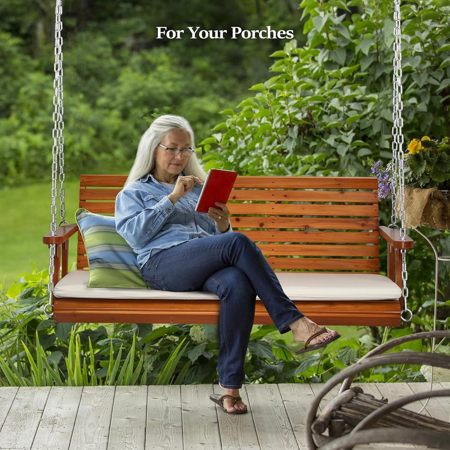 VINGLI Heavy Duty 880 LBS Patio Wooden Porch Swing Outdoor with Extra Cushion, Farmhouse Hanging Bench Tree Swing with Adjustable Chains for Yard | Garden | Lawn | Balcony (5 FT, Brown)