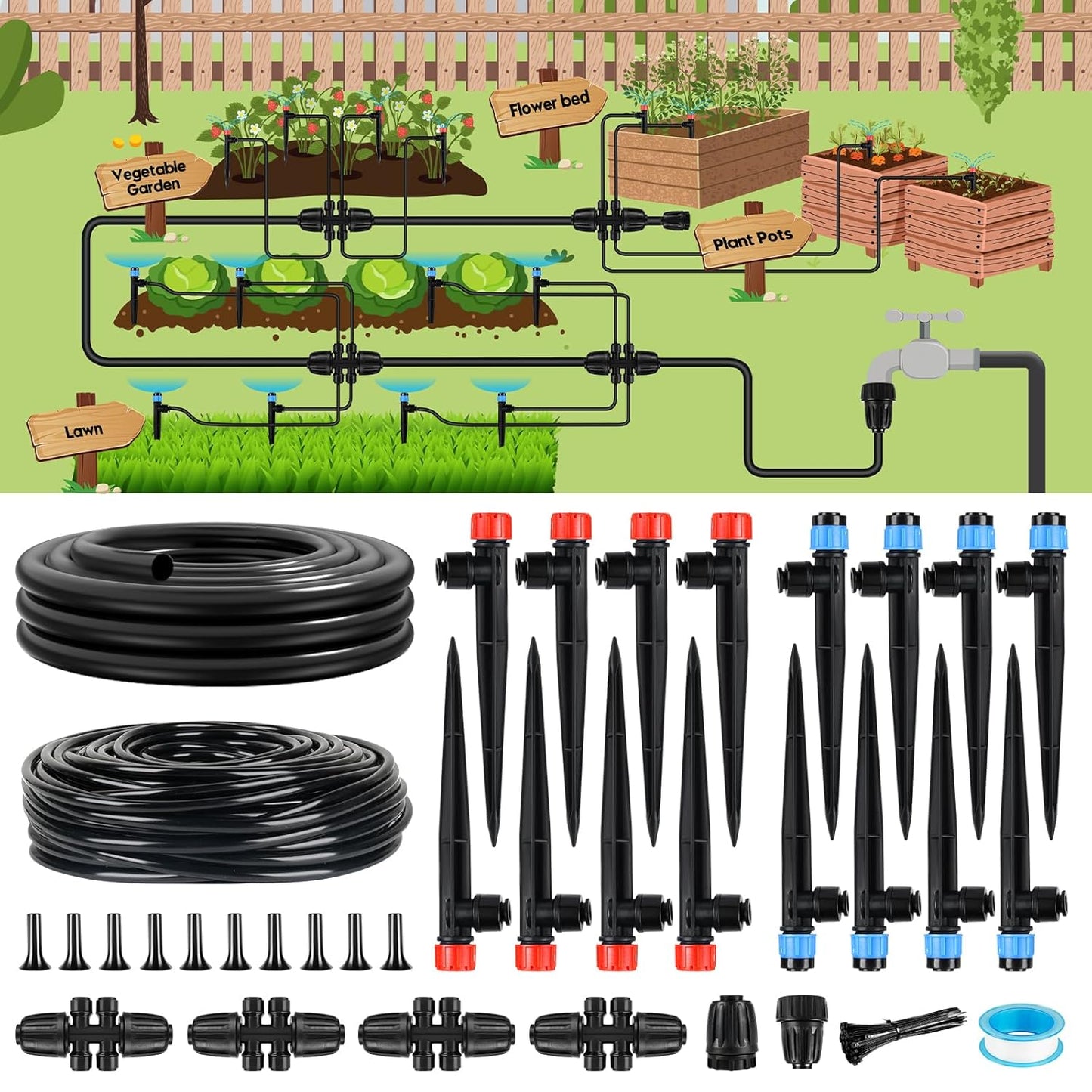110FT Drip Irrigation System for Garden, Quick-Connect Automatic Garden Watering System with 1/2" & 1/4" Tubing and Accessories - Adjustable Sprinklers Kit for Greenhouse, Yard, Lawn, Raised Bed