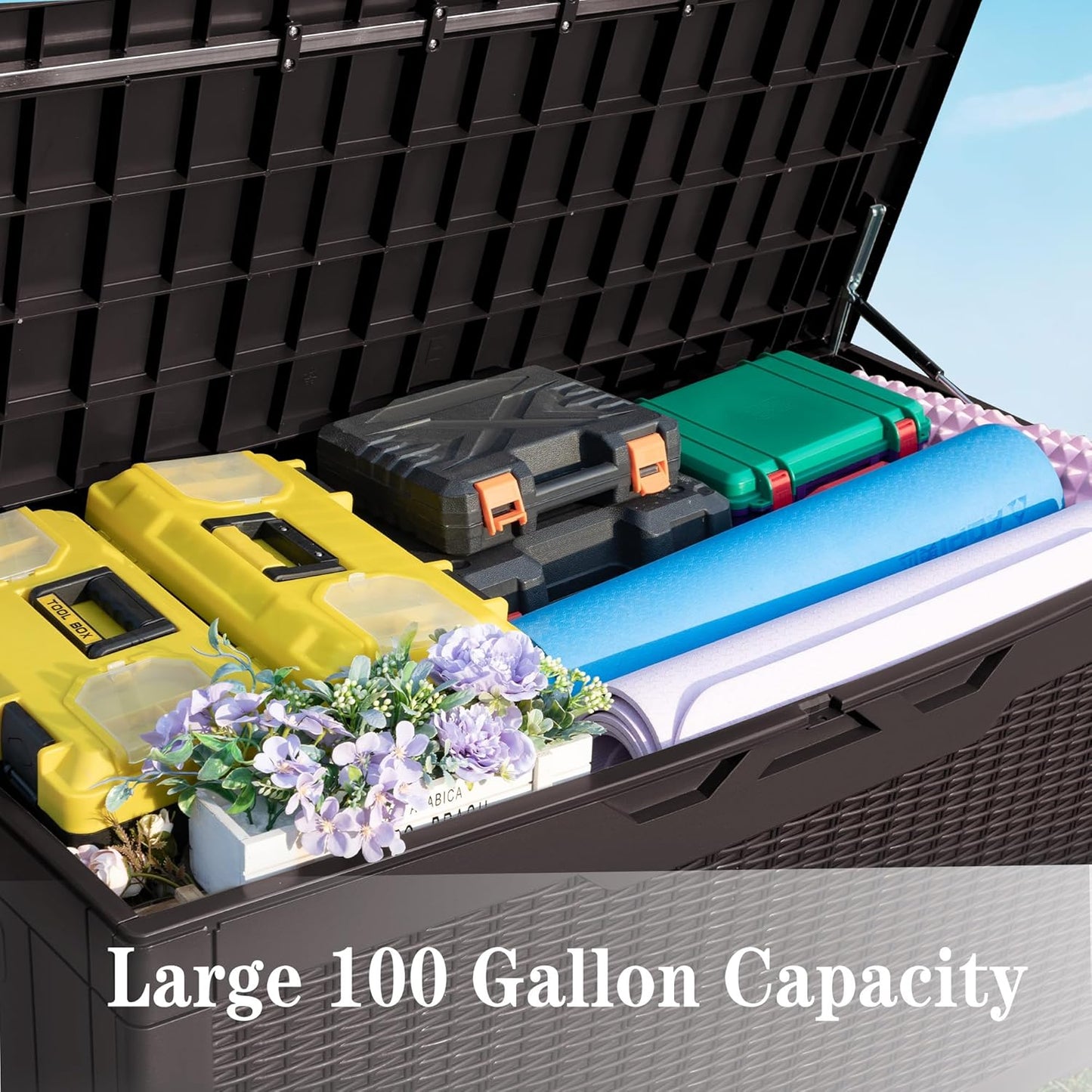 Greesum 100 Gallon Resin Deck Box Large Outdoor Storage Boxes with Cushions for Garden Tools, Patio Furniture Pillows, Pool Supplies, Dark Brown
