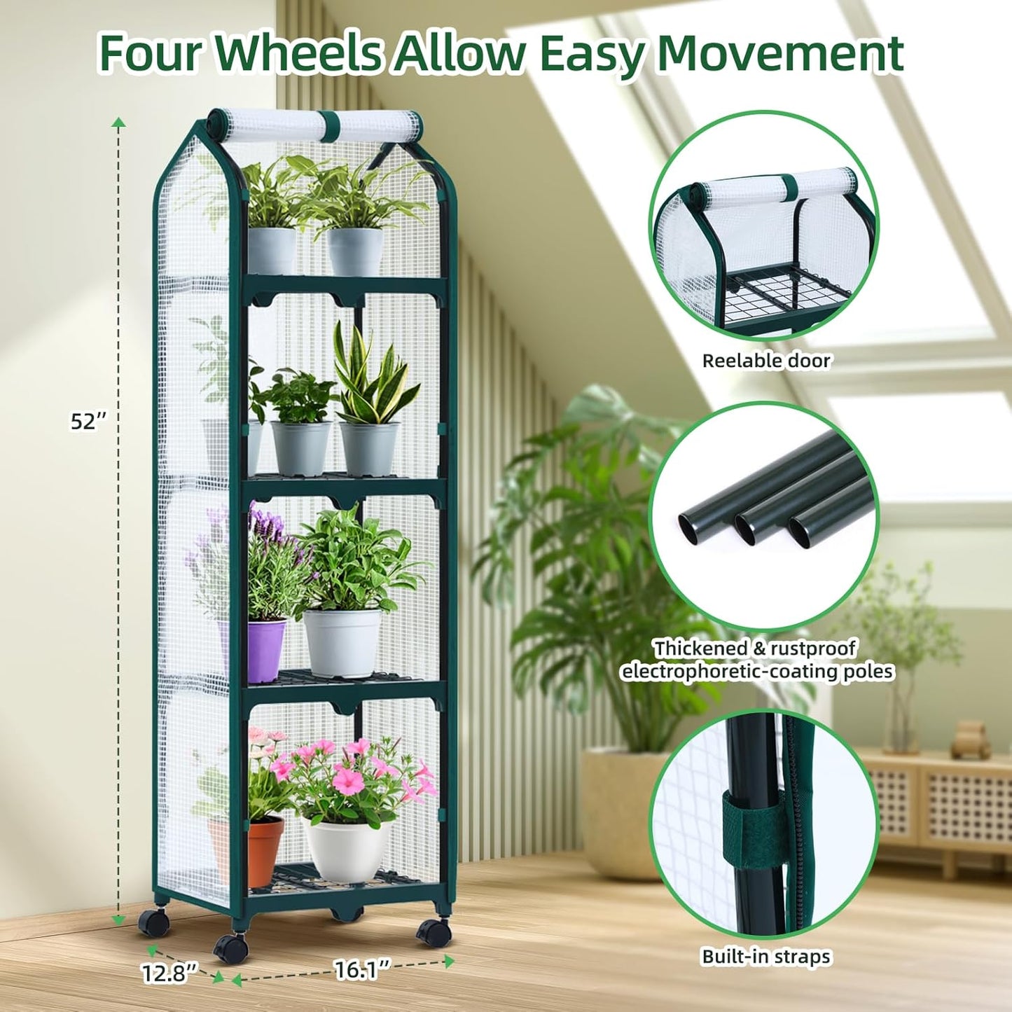 Ohuhu Mini Greenhouse for Indoor Outdoor, Small Plastic Plant Green House with Locking Wheels Portable Greenhouses with Durable Cover for Seedling,Ideal Gardening Gifts for Women Men White