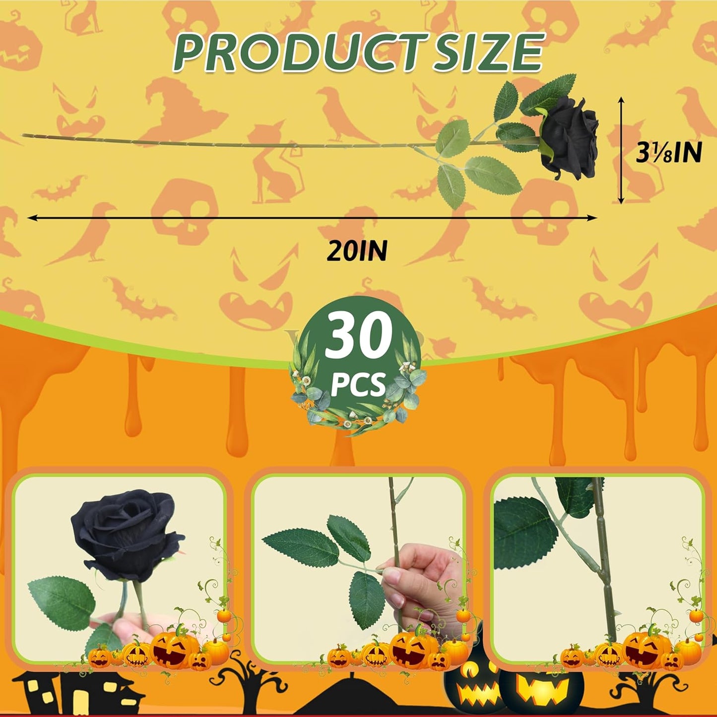 30 PCS Fake Black Roses, Artificial Flowers Bulk Halloween Decorations Realistic Silk Faux Roses with Stems for Gothic Wedding Party Decor, Bridal Bouquets DIY Floral Arrangement Home Decor
