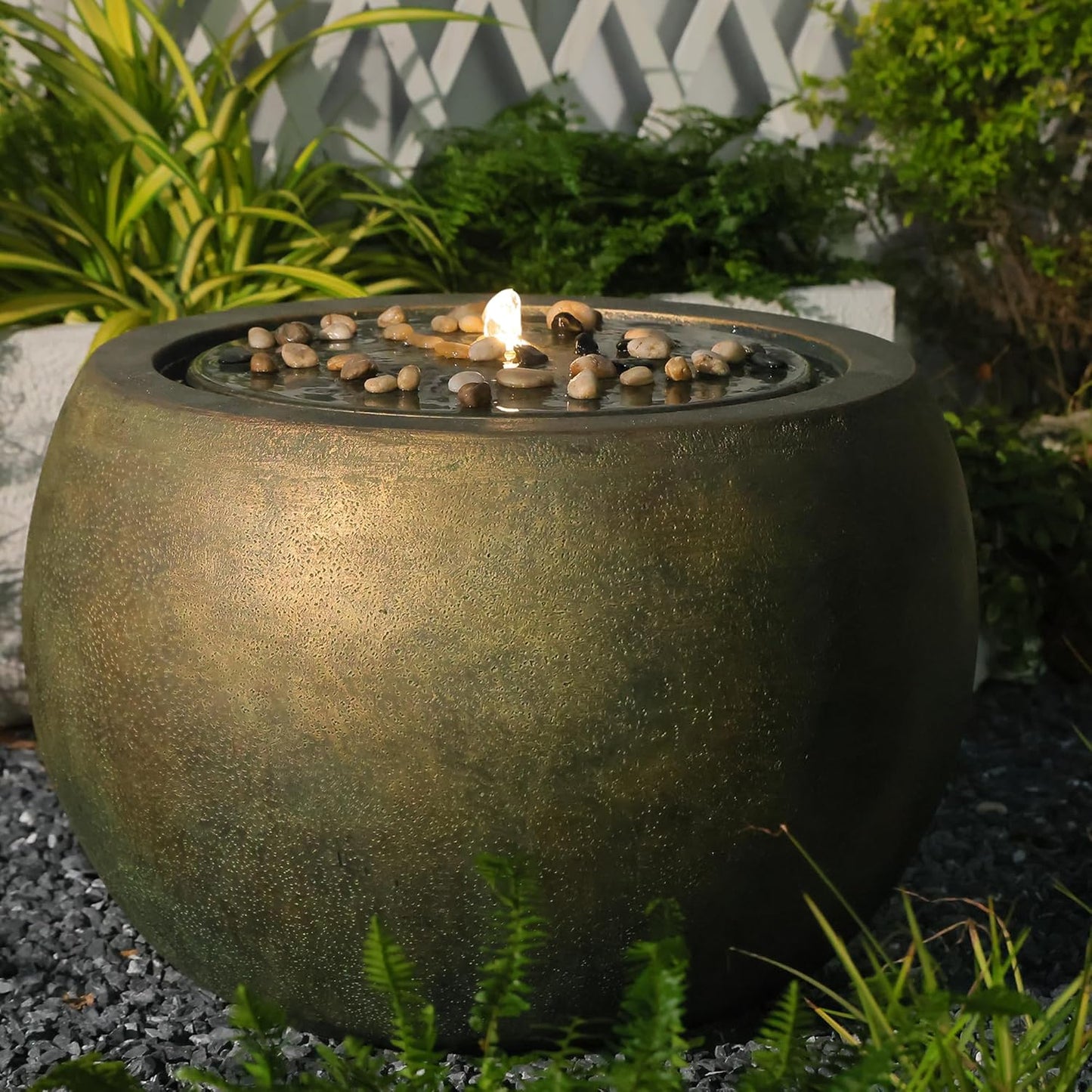 Garden Water Fountain Outdoor Large Round Bubbler Water Feature Indoor with Lights & Pump and Pebbles Concrete Effect for Patio Pool Pond Yard Home Decor Gold, 25 "L X 25" W X 17.5" H