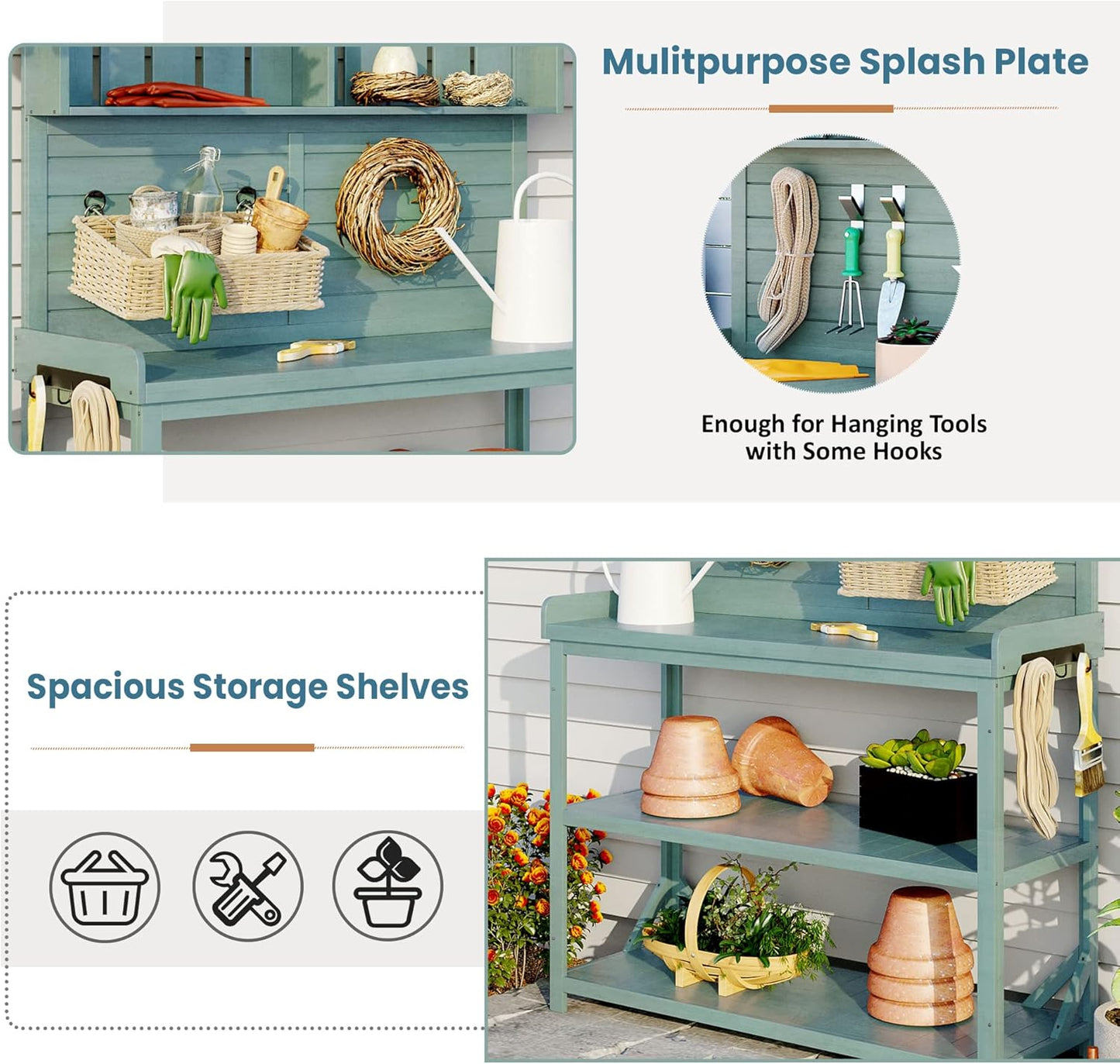 Merax 65" Large Wooden Farmhouse Rustic Outdoor Potting Bench Table with 4 Storage Shelves and Side Hook, Patio Workstation, for Garden, Backyard, Green