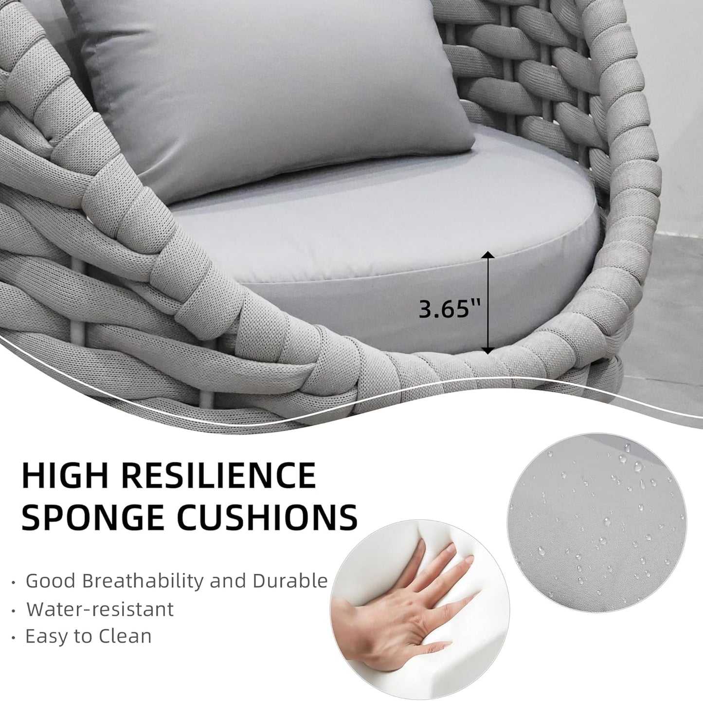 Outdoor Patio Furniture Set-5 Pieces Aluminum Sectional Sofa, Metal Patio Conversation Set with Threeseat & Armchair, Textile Rope and Coffee Table, Light Grey