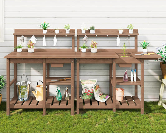 SERWALL Potting Bench Set of 2 Outdoor Potting Table with Sink, HDPE Potting Benches for Outside Gardening Table All Weather Use- Brown