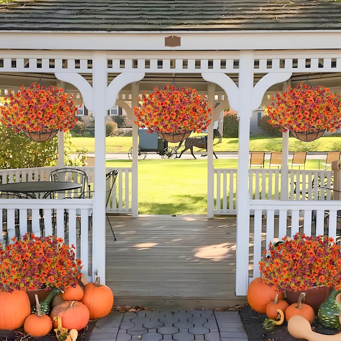 Fall Artfiticial Hanging Flowers Baskets for Outdoors, UV Resistant Fake Fall Hanging Plants, Faux Orange Flowers for Autumn Home Patio Garden Front Porch Balcony Decor (Orange Red)