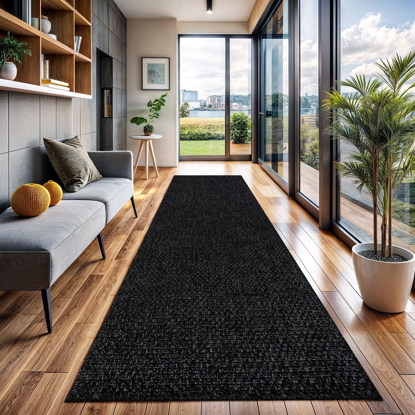 CAMILSON Indoor and Outdoor Runner Rug Dark Gray Black Solid Boho Woven Design Easy-Cleaning Non Shedding Farmhouse Living Room Bedroom Garden Patio and Kitchen Washable Outside Carpet Alfombras (2x7)