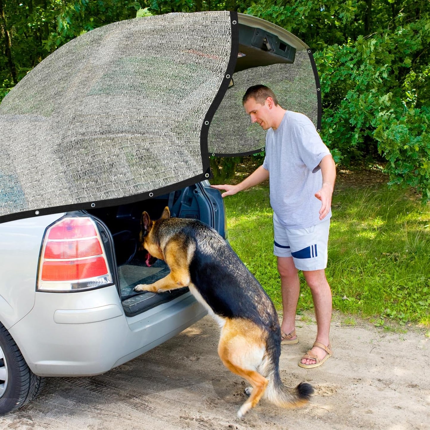 90% Aluminum Shade Cloth for Cars- Reflective Aluminium Shade Netting Sun Shade Cover with Grommets for Cars, Dogs, Outdoor, RV, Patio(Silver)