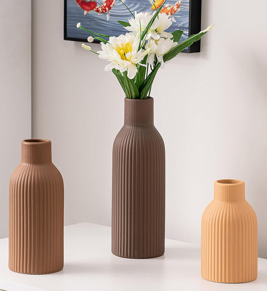 Ceramic Vase Set of 3, Flower Vases for Spring Room Decor, Kitchen Farmhouse, Modern Boho Style(Brown/Dark Brown/Orange)