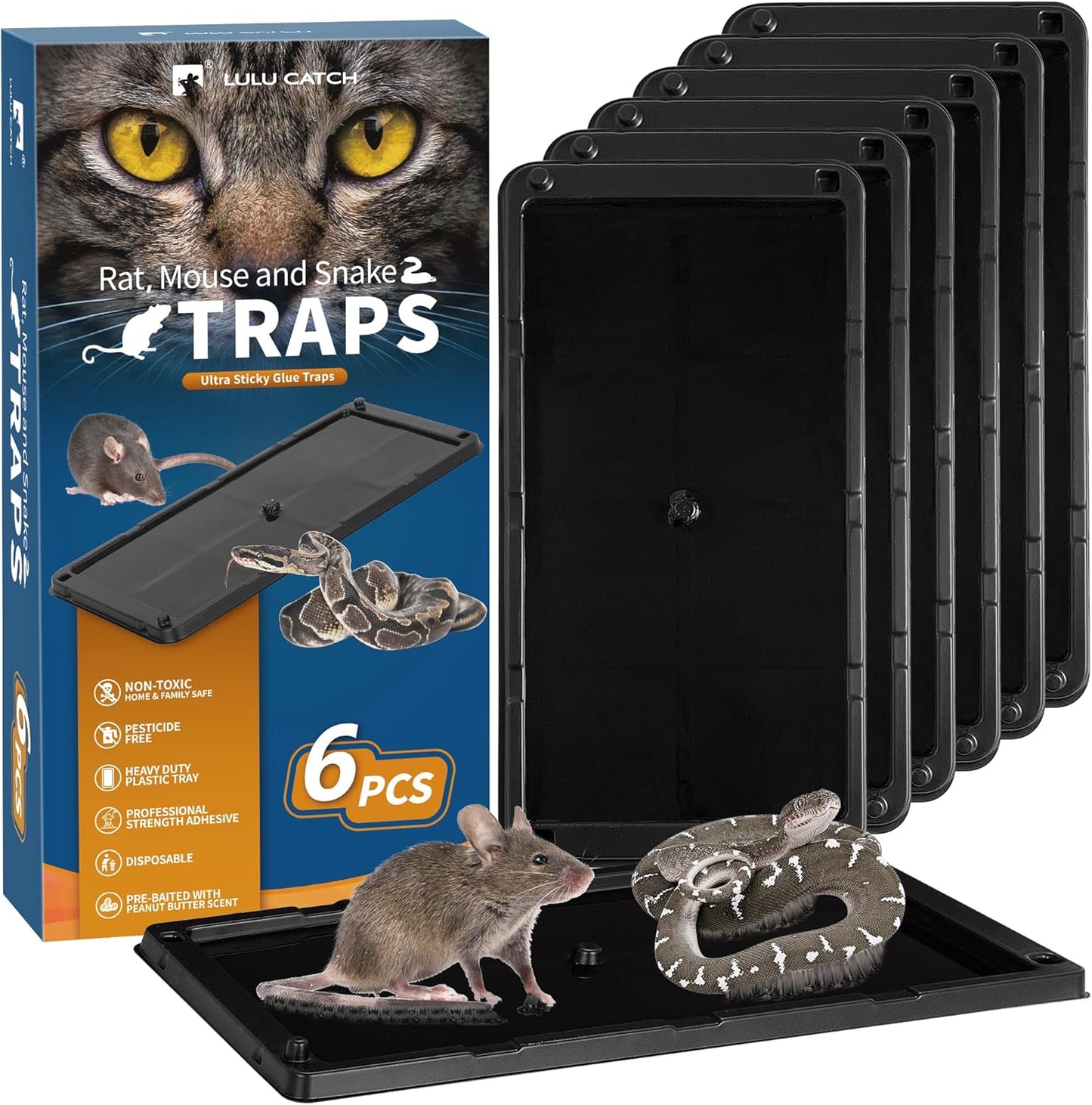 LULUCATCH Mouse Traps, 6 Pack Large Glue Traps Mouse Traps Indoor for Home, Pre-Baited Non-Toxic Bulk Glue Boards for Mice, Snakes, Rat, Cockroaches & Spiders, Pet Safe Pest Control