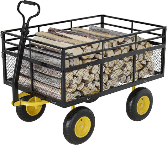 3-in-1 Heavy-Duty Steel Garden Cart, 1400 Lbs Garden Wagon, with 13 Inch All-Terrain Tires and Removable Mesh Side Panels, 180° Rotating Handle, Metal Utility Yard Trailer, Outdoor Gardens Wagon Cart