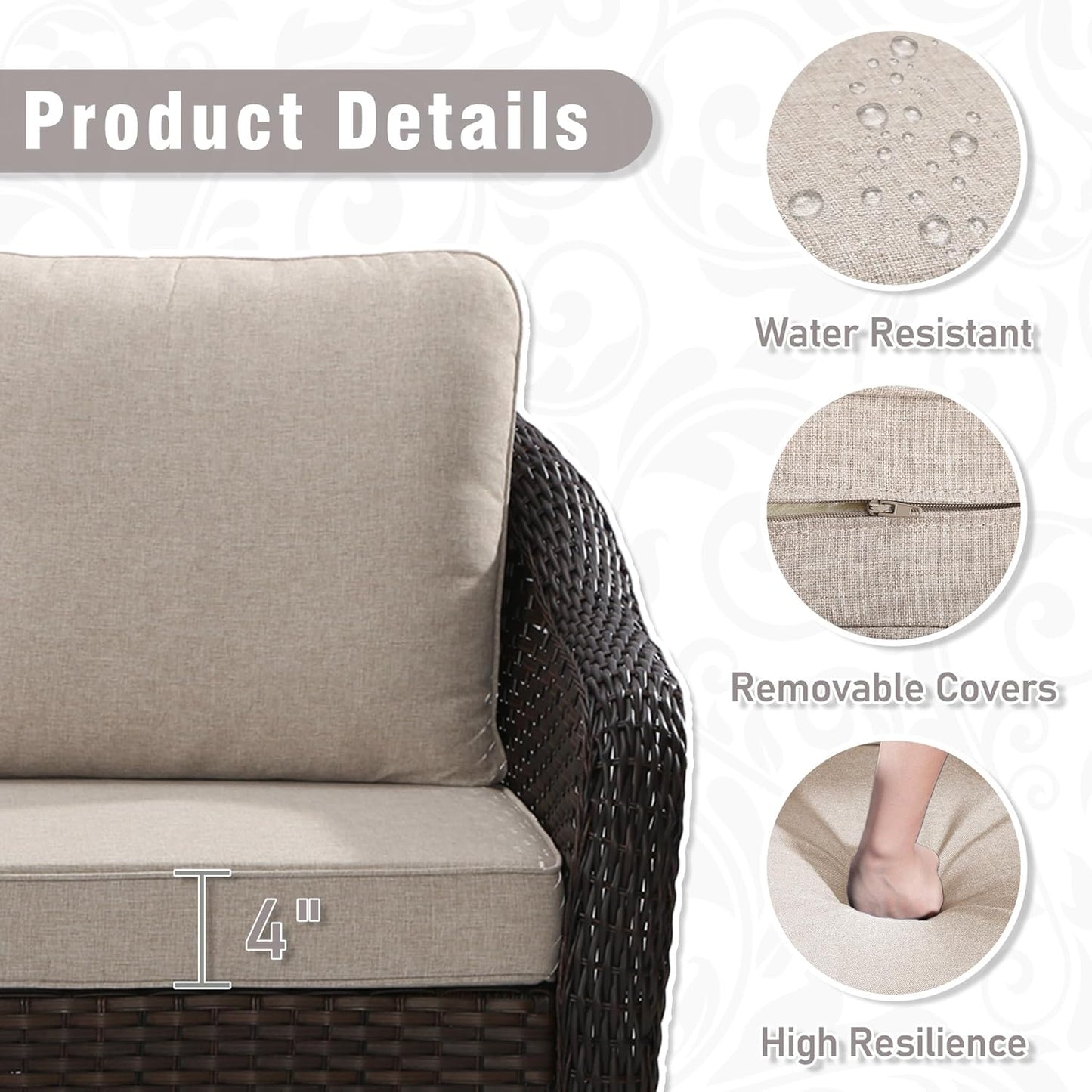 Outdoor Wicker Swivel Chair Set of 2, All-Weather Use Patio Rattan Chair with Seat and Back Cushion, Ideal for Porch, Backyard, Balcony, Poolside, Beige