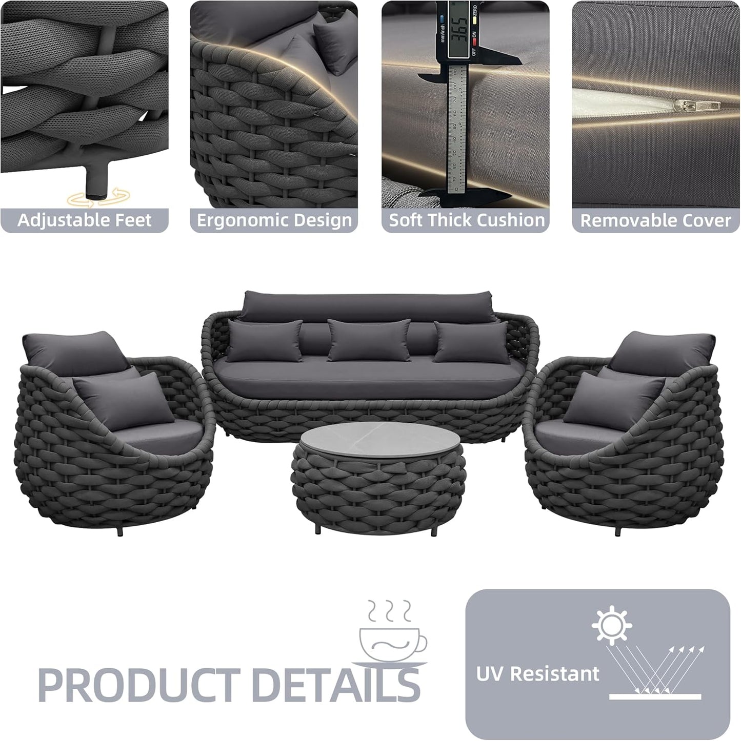 Aluminum Modern Patio Set Three Seater Sofa Outdoor Furniture Set w/Coffee Table,Patio Conversation Set with Hand Woven Teslin Rope for Bedroom Backyard Poolside, Dark Grey