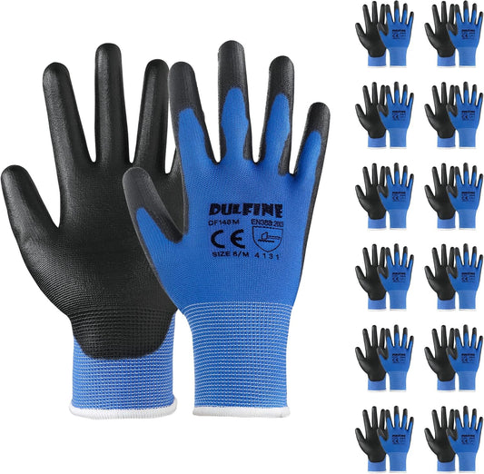 DULFINE Safety Work Gloves PU Coated-12 Pairs,Blue Seamless Knit Glove with Polyurethane Coated Smooth Grip on Palm & Fingers, for Men and Women, Ideal for General Duty Work (XX-Large)