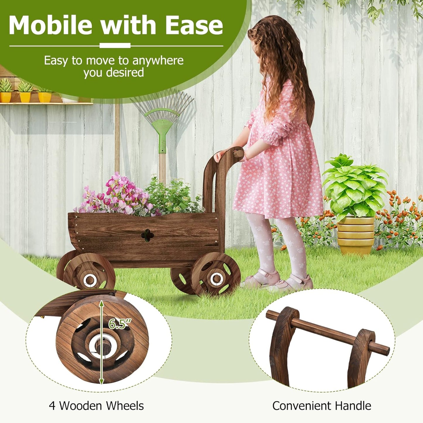 Tangkula Wooden Wagon Planter Box, Decorative Garden Planter w/Wheels, Handle, Drain Hole, Rustic Wooden Flower Cart for Indoor & Outdoor Decor for Patio, Garden, Balcony (27" L x 15" W x 21" H)