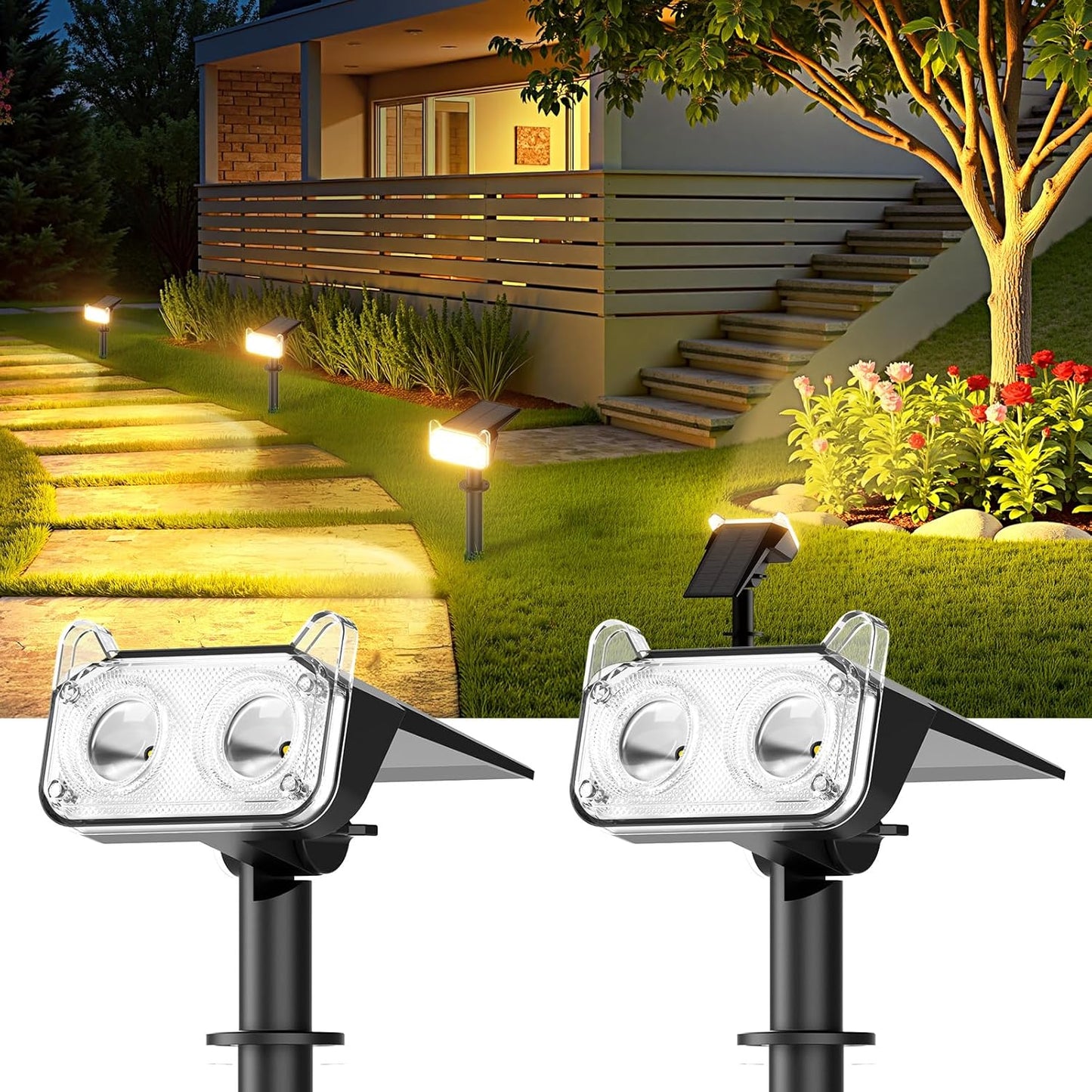 WdtPro Solar Lights Outdoor Waterproof, Solar Spot Lights Outdoor, 30H+ Runtime Spotlights, Auto ON/Off, Dusk to Dawn Lighting for Yard Patio Garden Pathway Landscape 2P